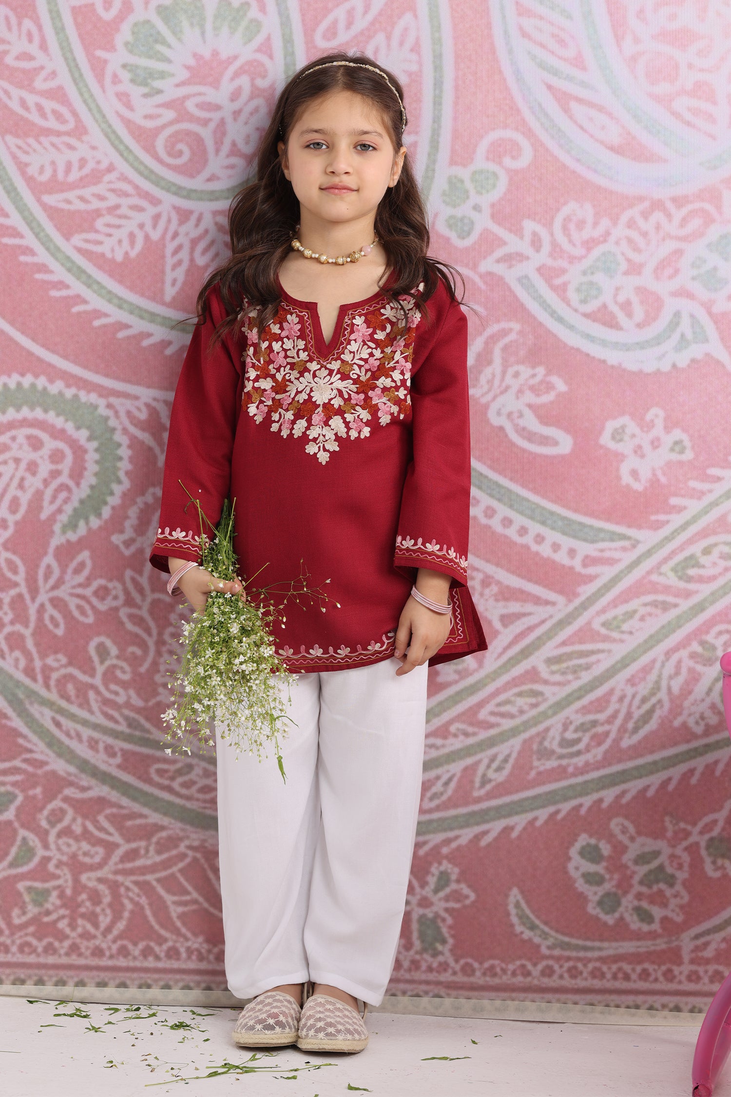 Kids Maroon Cotton Short Kurta with Kashmiri Aari Work