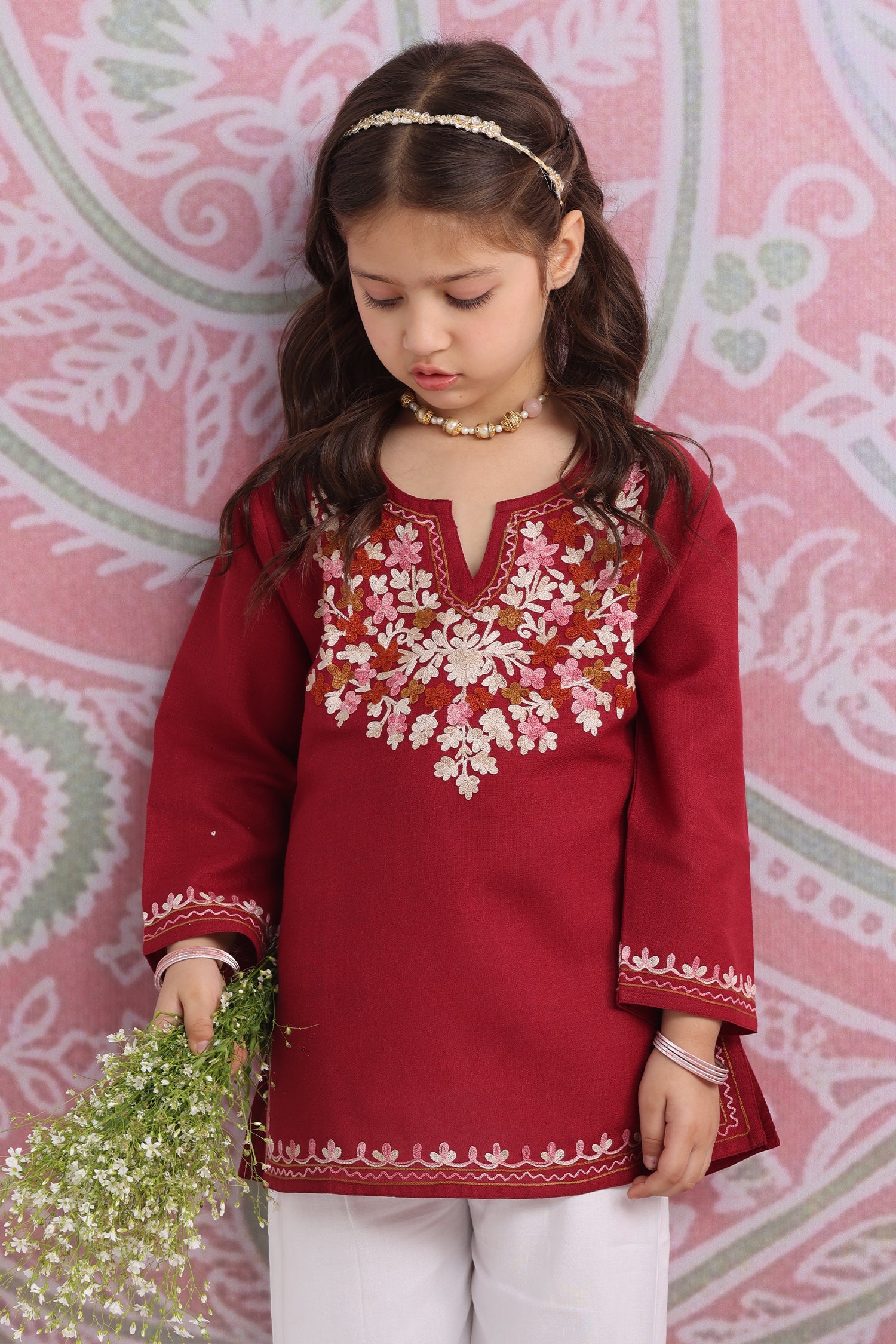 Kids Maroon Cotton Short Kurta with Kashmiri Aari Work