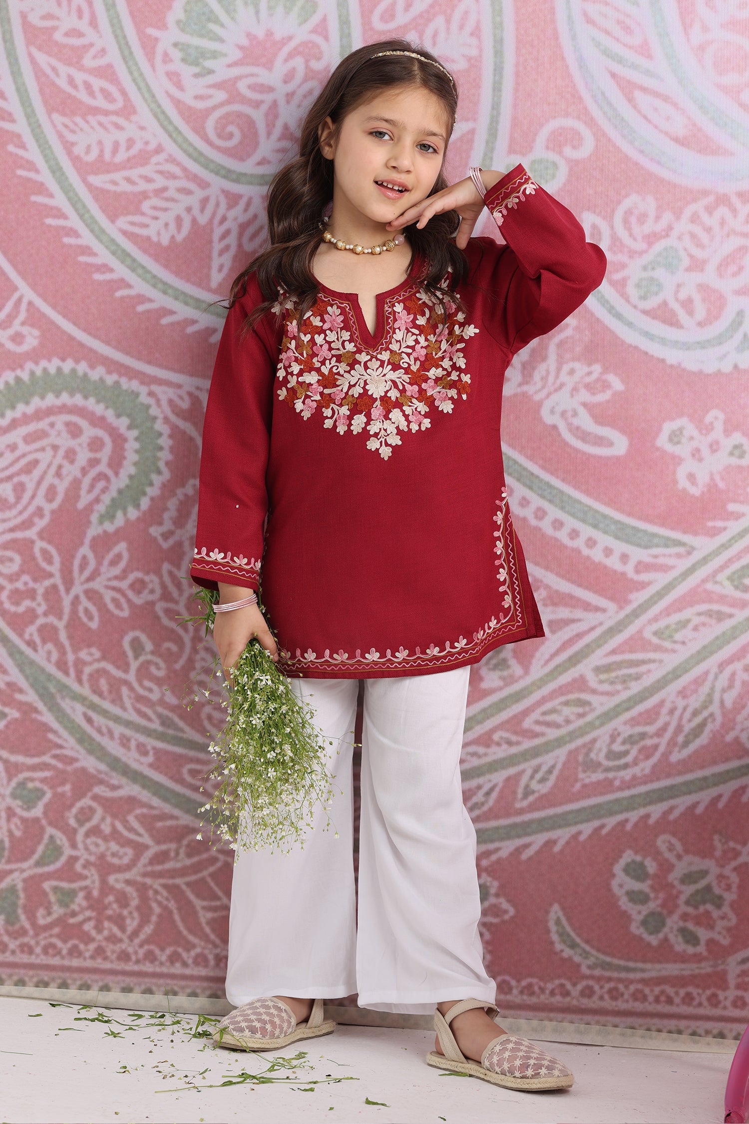 Kids Maroon Cotton Short Kurta with Kashmiri Aari Work