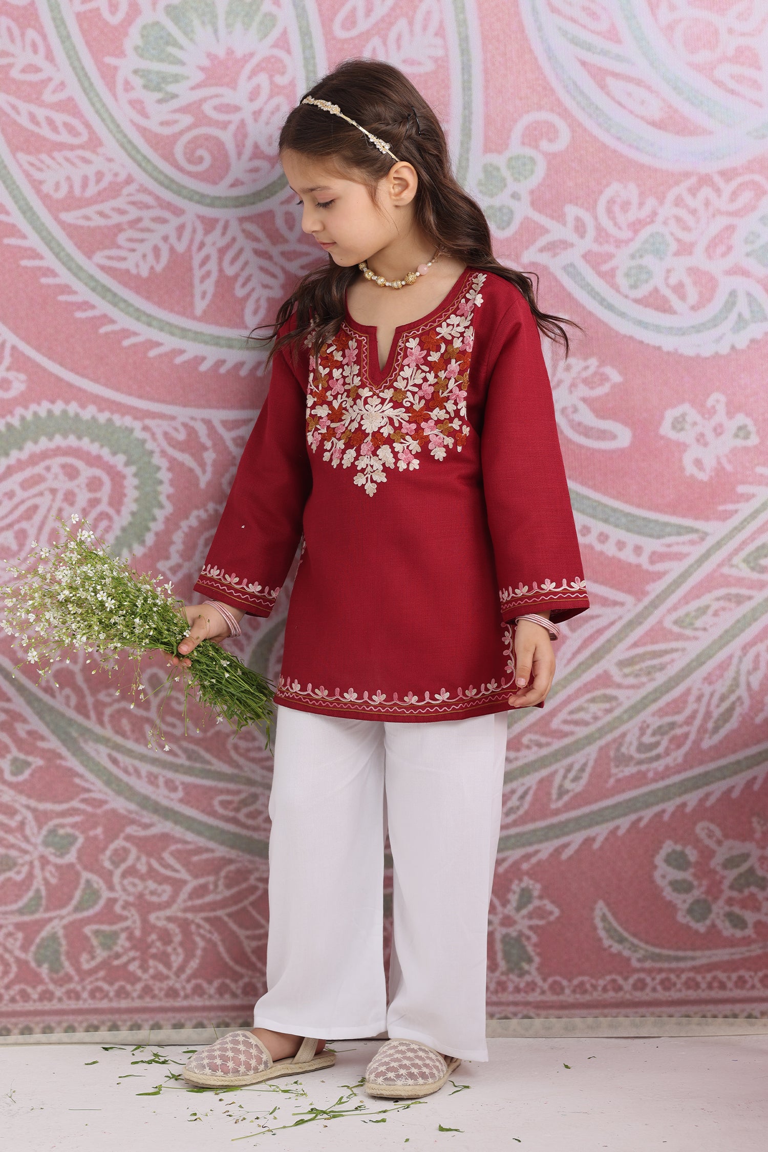 Kids Maroon Cotton Short Kurta with Kashmiri Aari Work