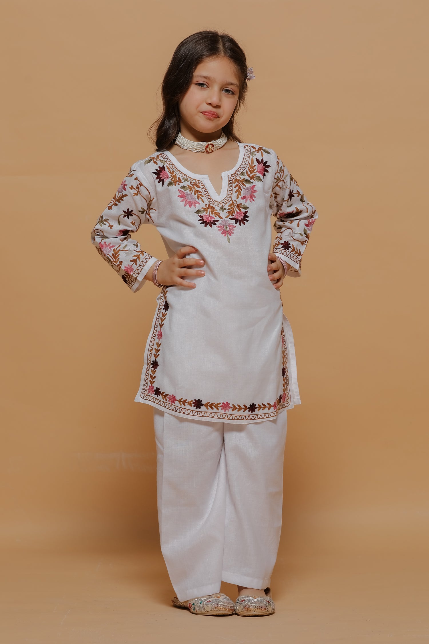 Kids White Cotton Kurta Set with Kashmiri Aari Work