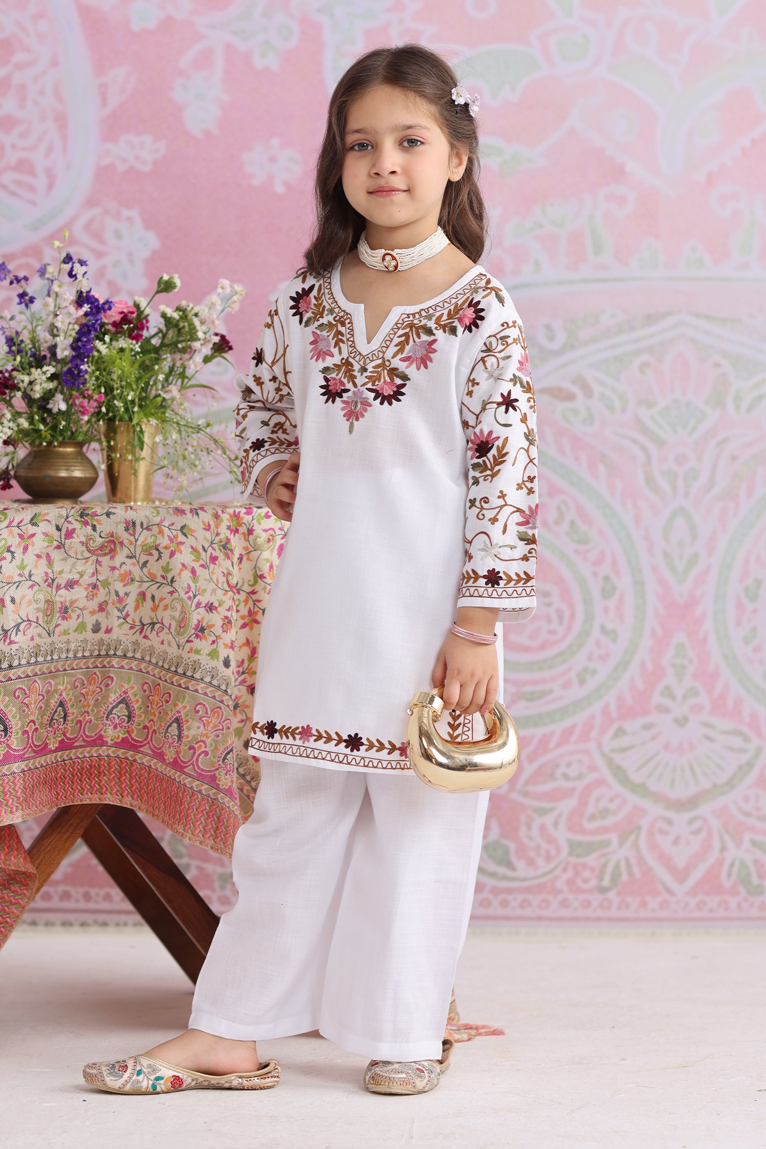 Kids White Cotton Kurta Set with Kashmiri Aari Work