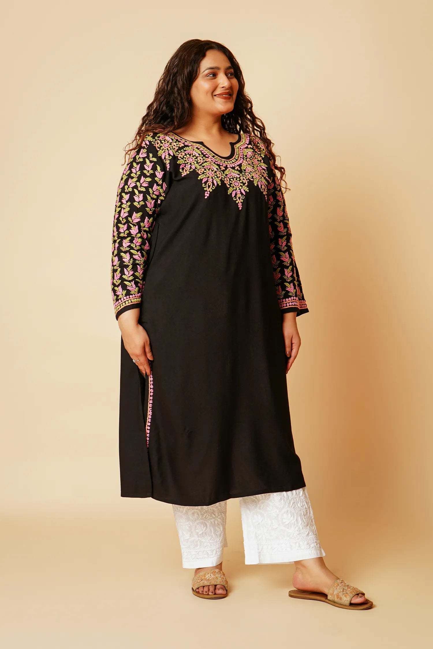Plus Size - HOK Saba Chikankari Long Kurta in Rayon Cotton - Black