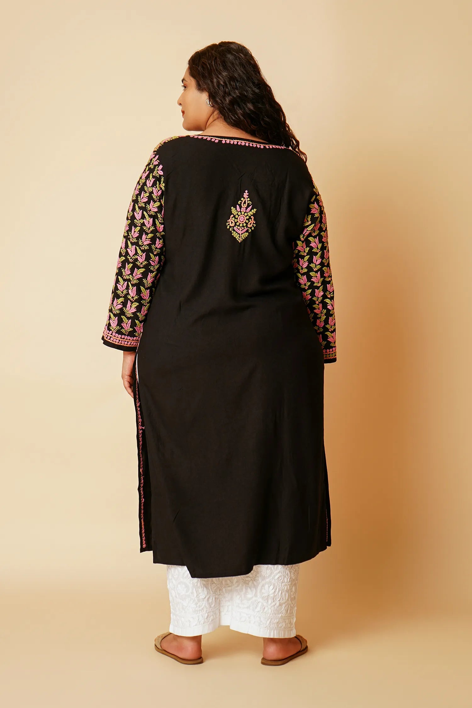 Plus Size - HOK Saba Chikankari Long Kurta in Rayon Cotton - Black