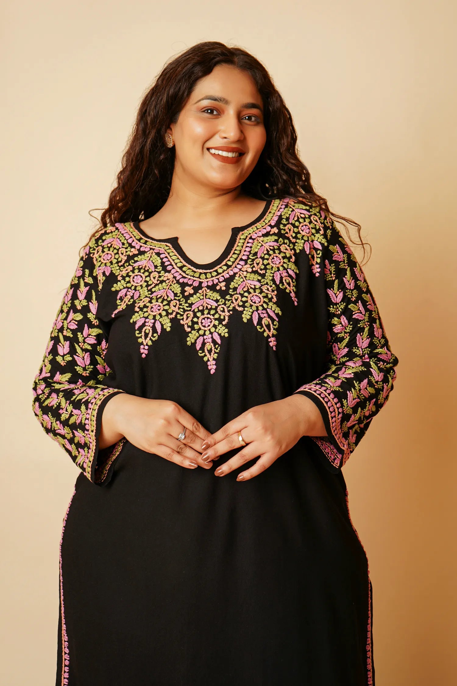 Plus Size - HOK Saba Chikankari Long Kurta in Rayon Cotton - Black