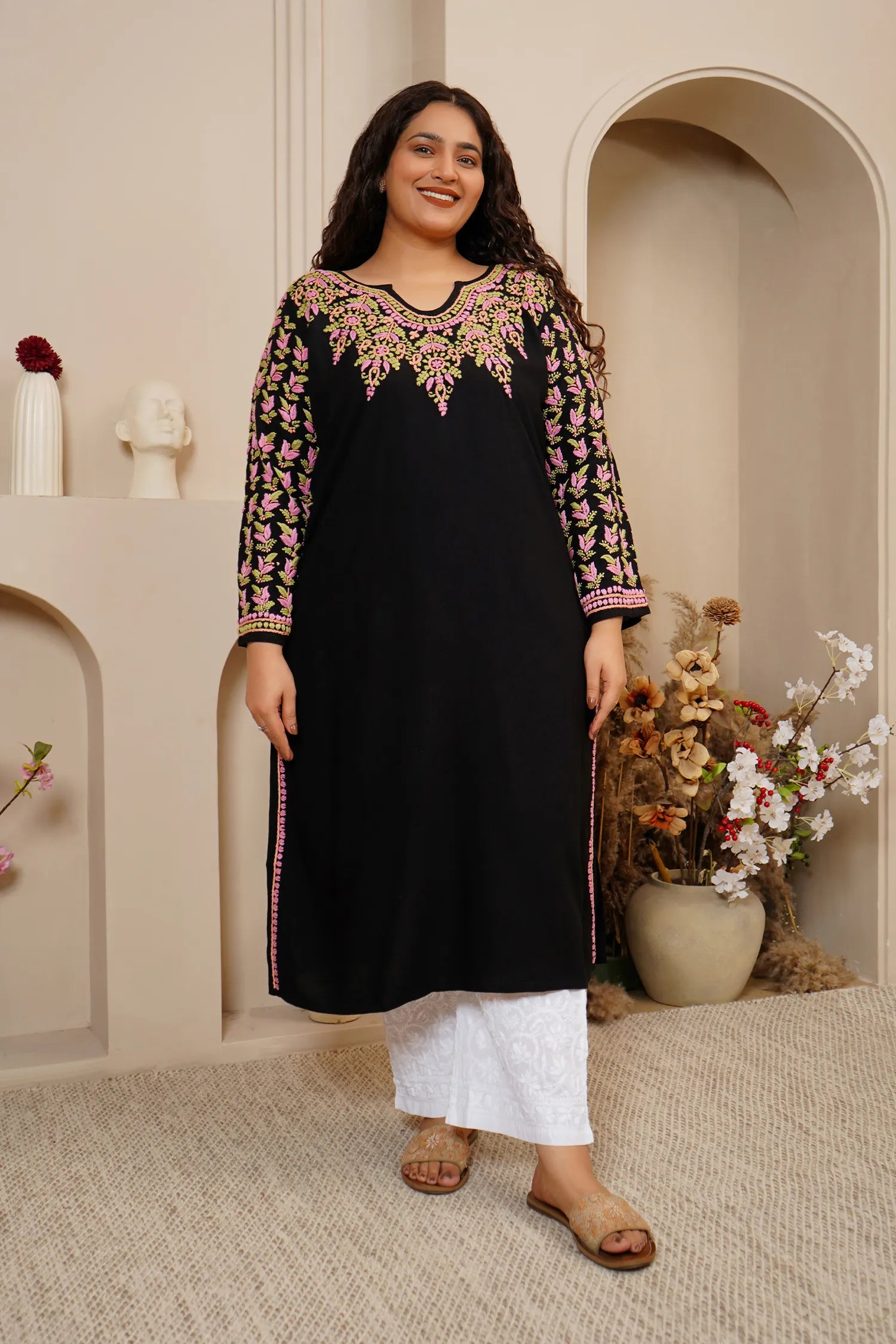 Plus Size - HOK Saba Chikankari Long Kurta in Rayon Cotton - Black