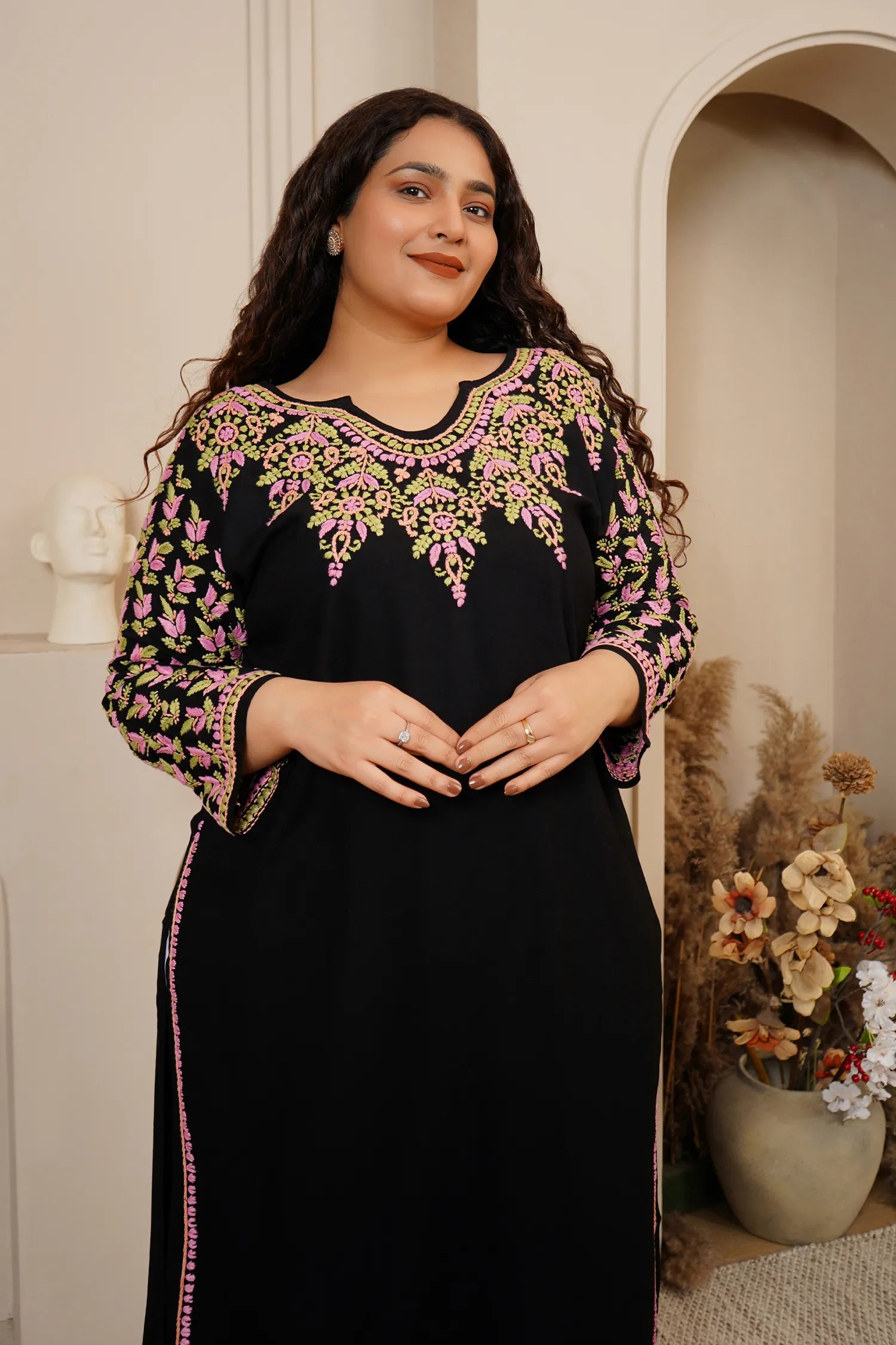 Plus Size - HOK Saba Chikankari Long Kurta in Rayon Cotton - Black