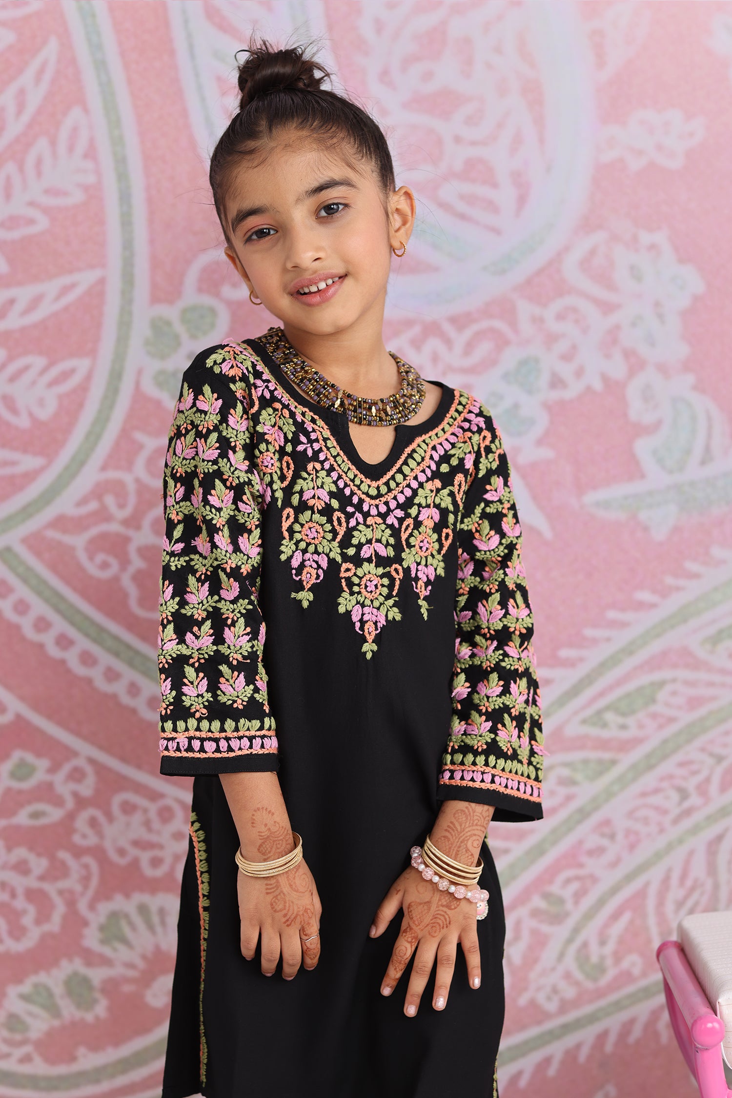 Kids Black Hand-Embroidered Chikankari Rayon Long Kurta