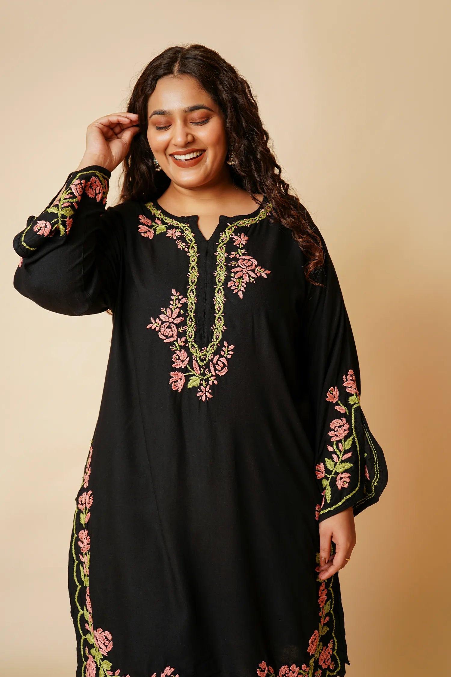 Plus Size - HOK Saba Chikankari Long Kurta in Rayon Cotton - Black