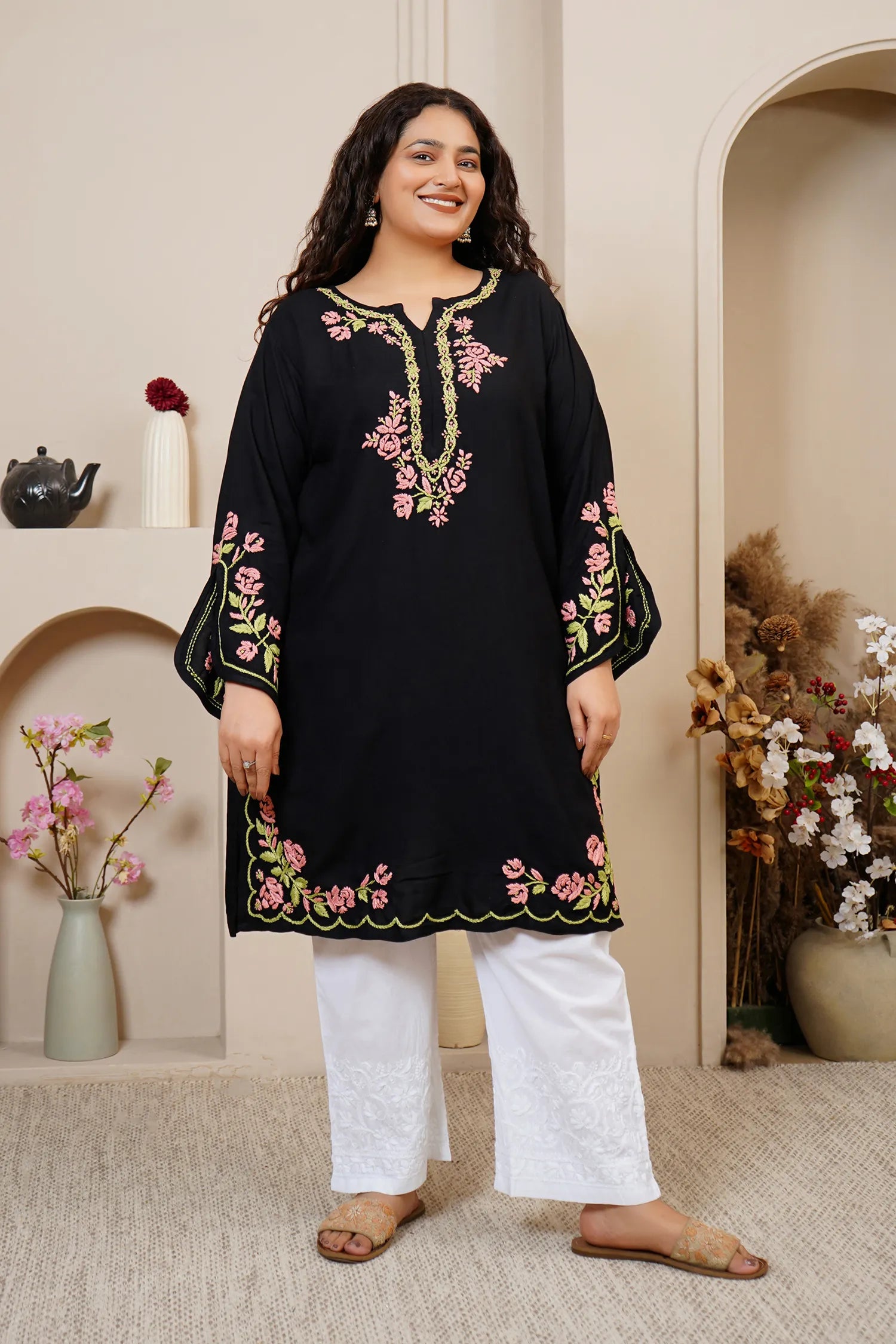 Plus Size - HOK Saba Chikankari Long Kurta in Rayon Cotton - Black