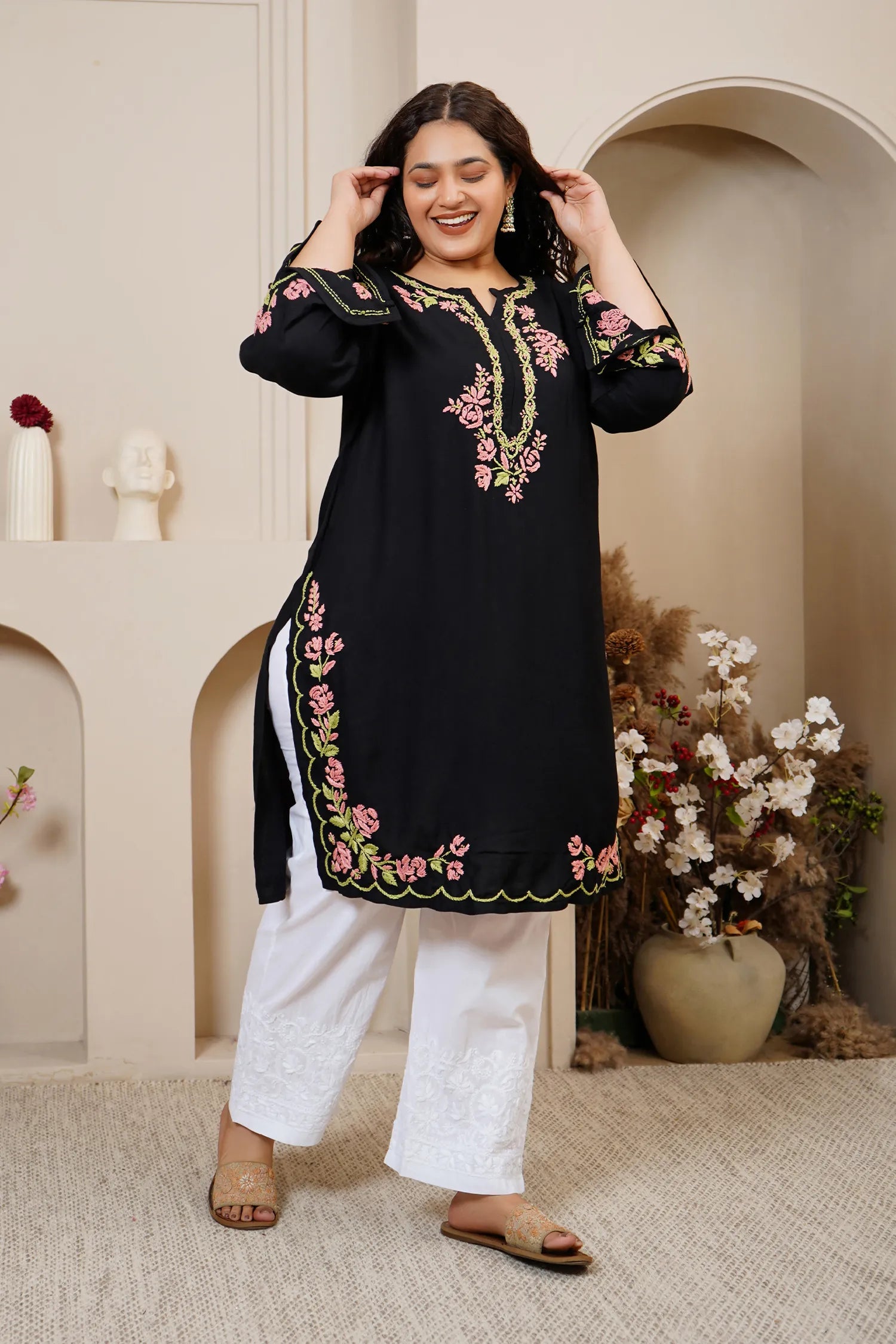 Plus Size - HOK Saba Chikankari Long Kurta in Rayon Cotton - Black