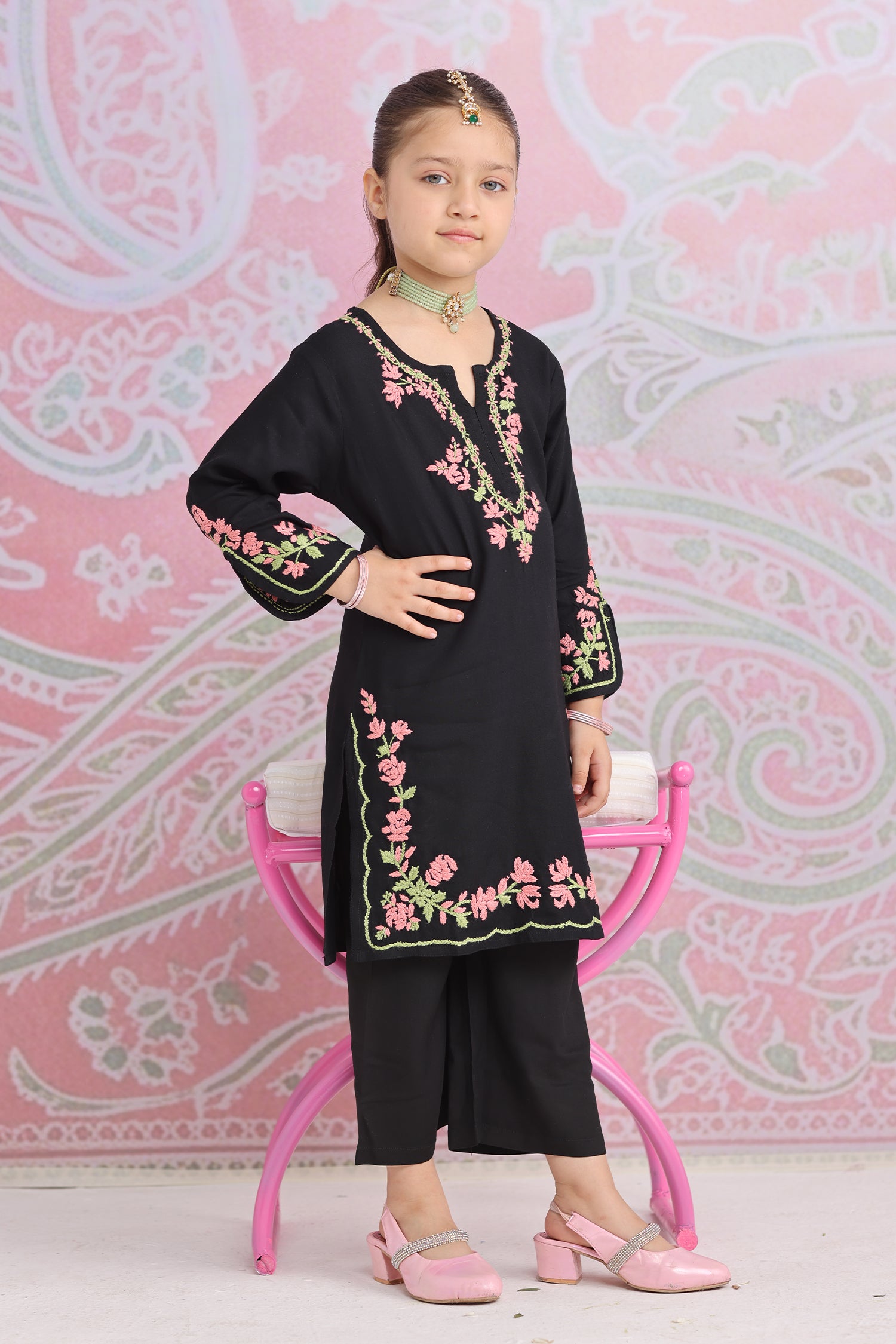 Kids Black Hand-Embroidered Chikankari Rayon Long Kurta