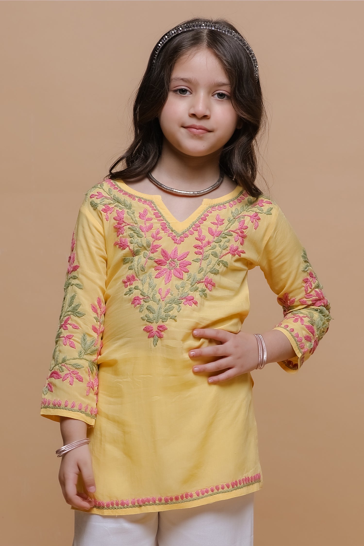 Kids Yellow Hand-Embroidered Chikankari Cotton Long Kurta