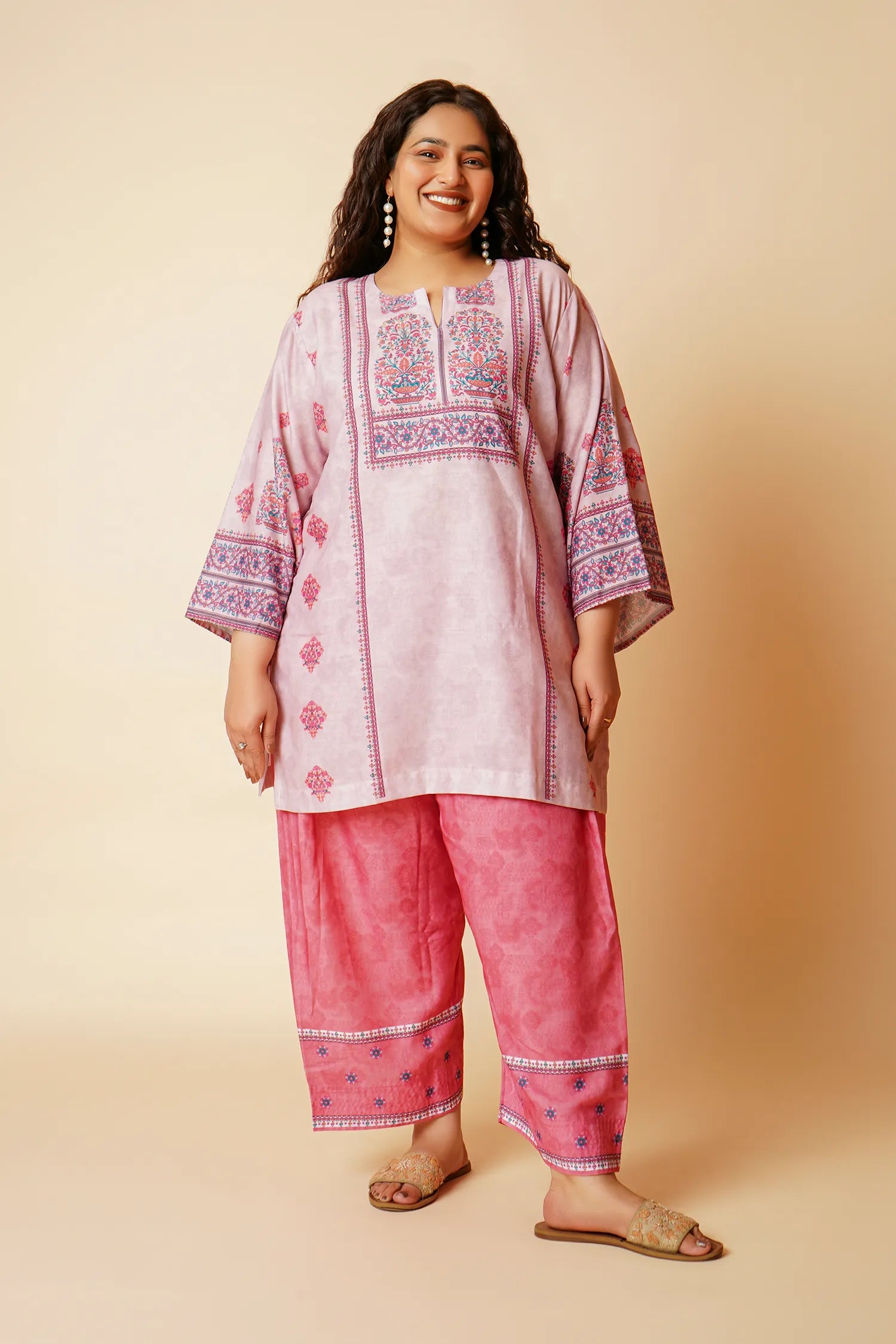 Plus Size - Lawn Cotton Printkari Co-ord Set – Blush Pink Floral with Farsi Pant