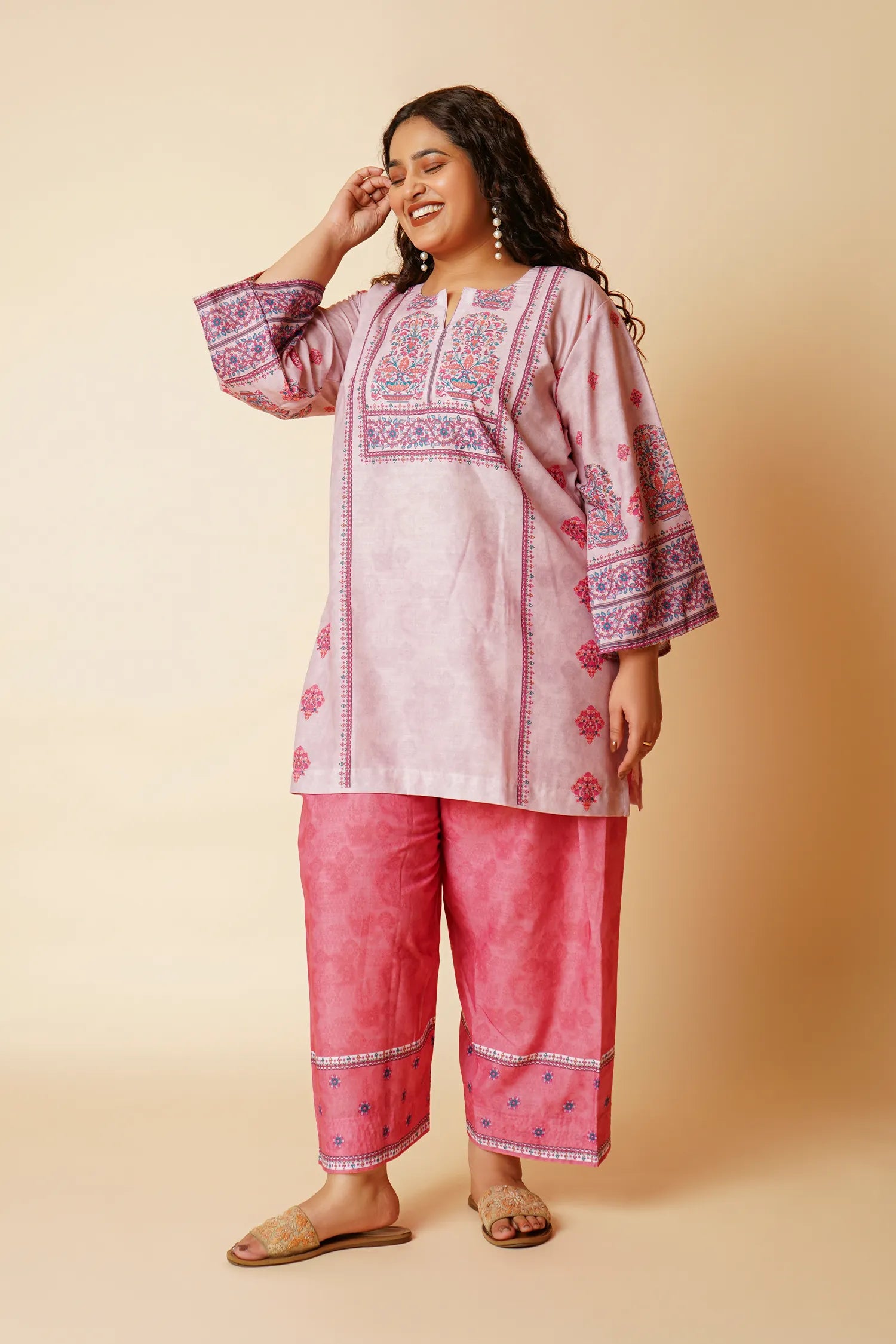 Plus Size - Lawn Cotton Printkari Co-ord Set – Blush Pink Floral with Farsi Pant
