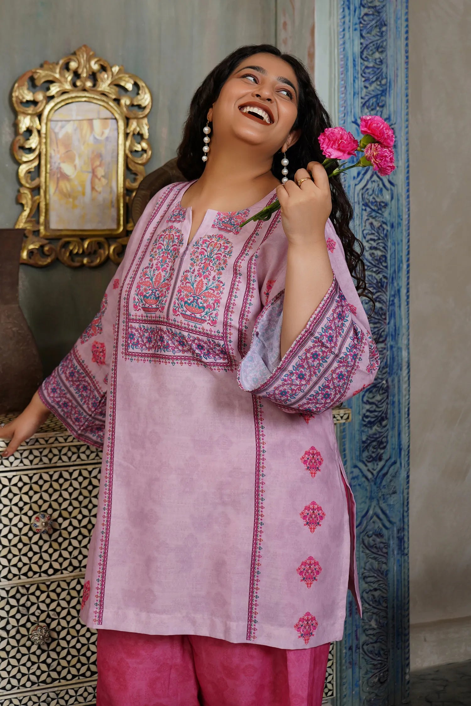 Plus Size - Lawn Cotton Printkari Co-ord Set – Blush Pink Floral with Farsi Pant