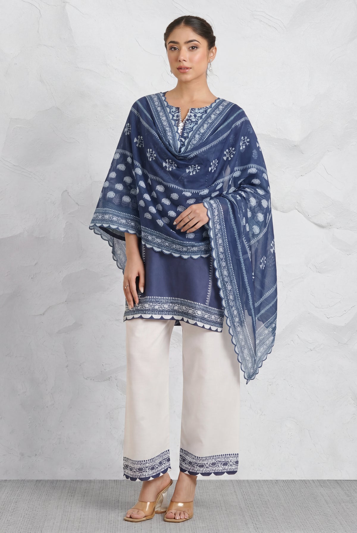 Printed Organza Dupatta - Navy Blue