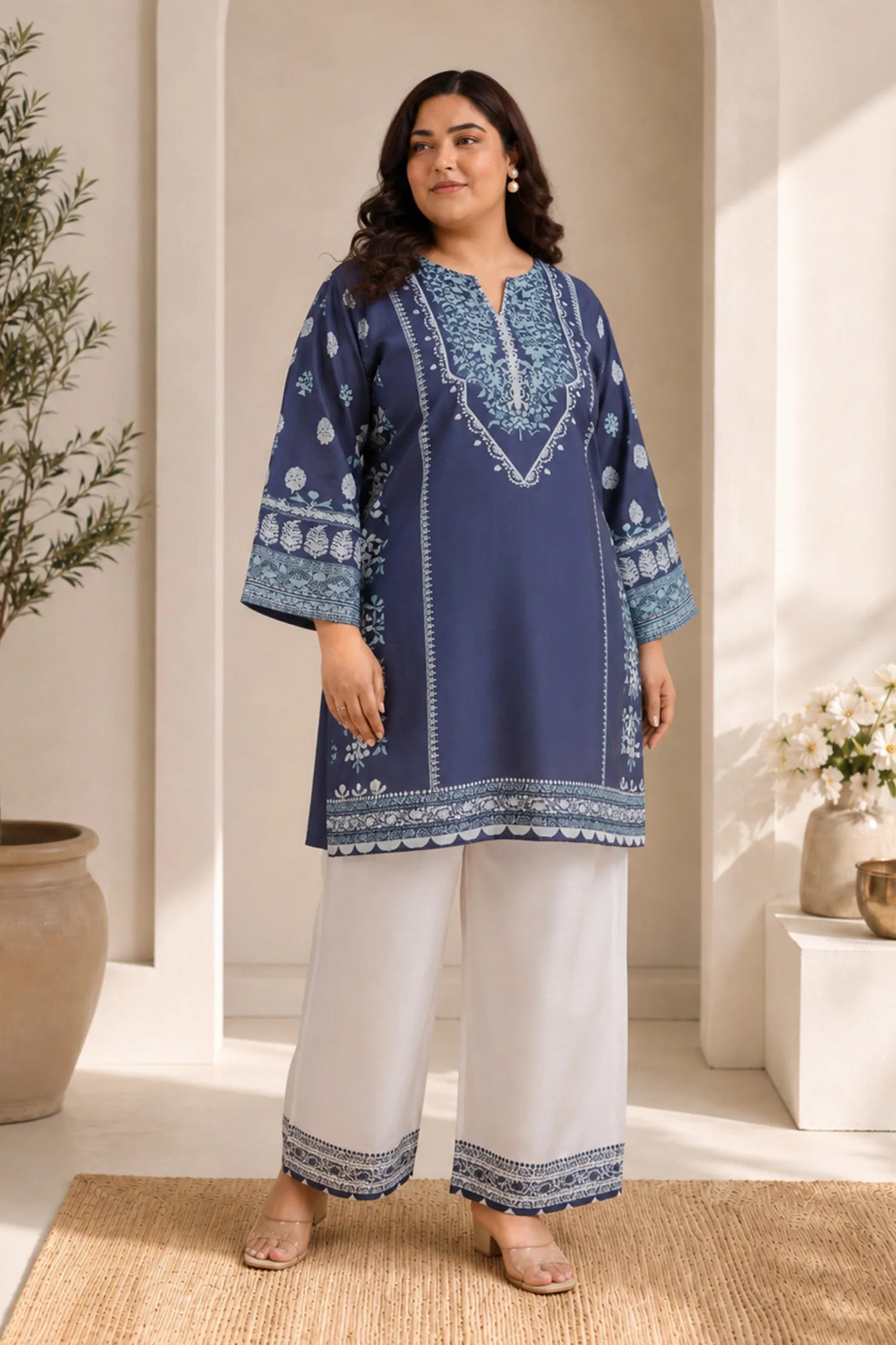 Plus Size - Lawn Cotton Printkari Co-ord Set - Navy Blue & White With Straight pant