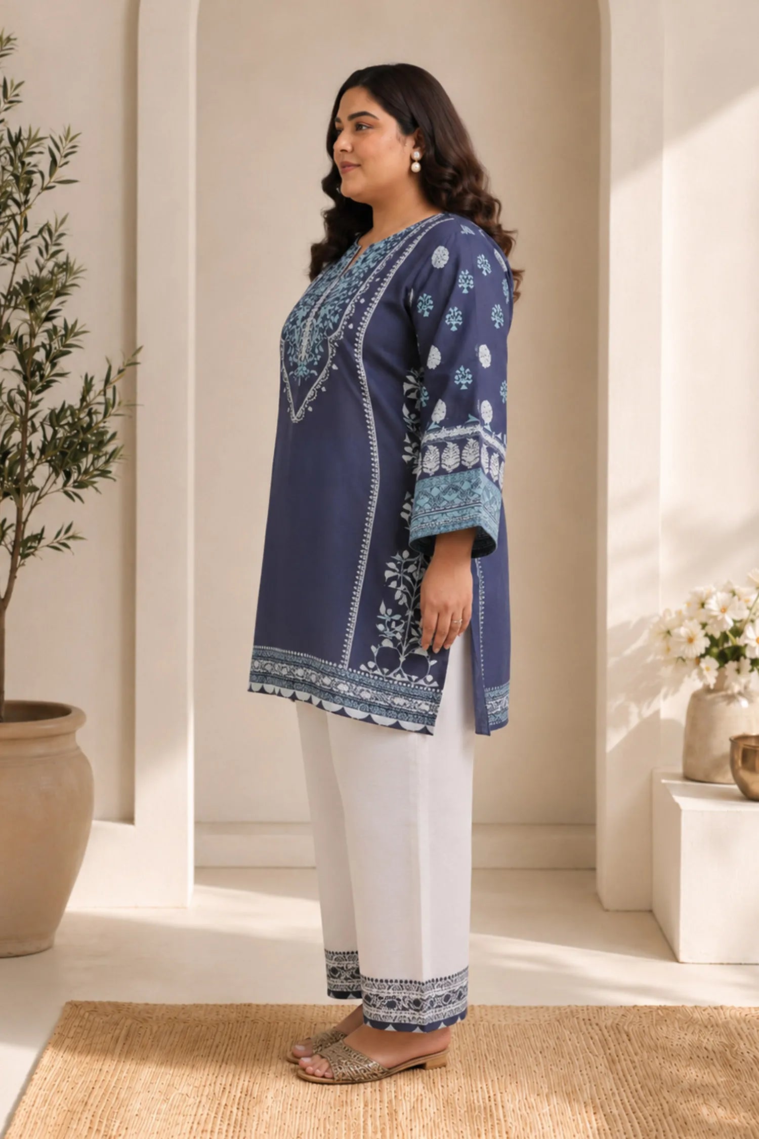 Plus Size - Lawn Cotton Printkari Co-ord Set - Navy Blue & White With Straight pant