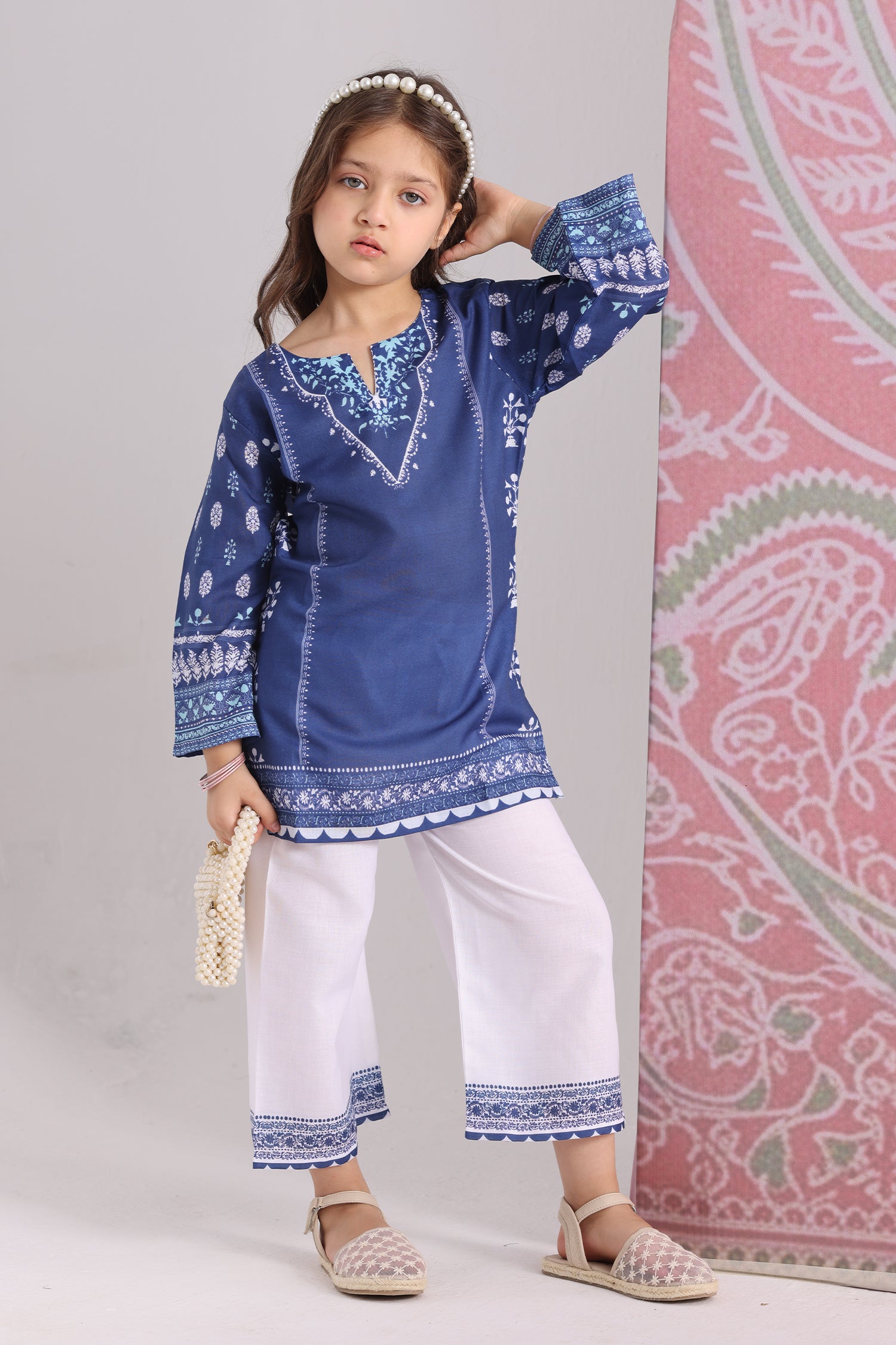 Kids Navy Blue Printed Lawn Cotton Co-ord Set