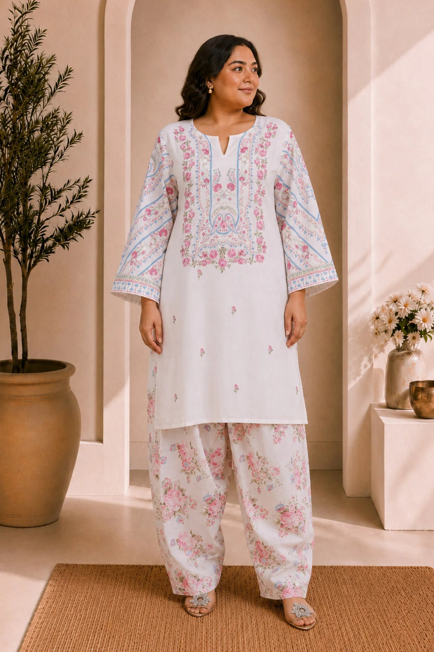 Plus Size - Lawn Cotton Co-ord Set - White with Pink Floral Print with Farsi Pant