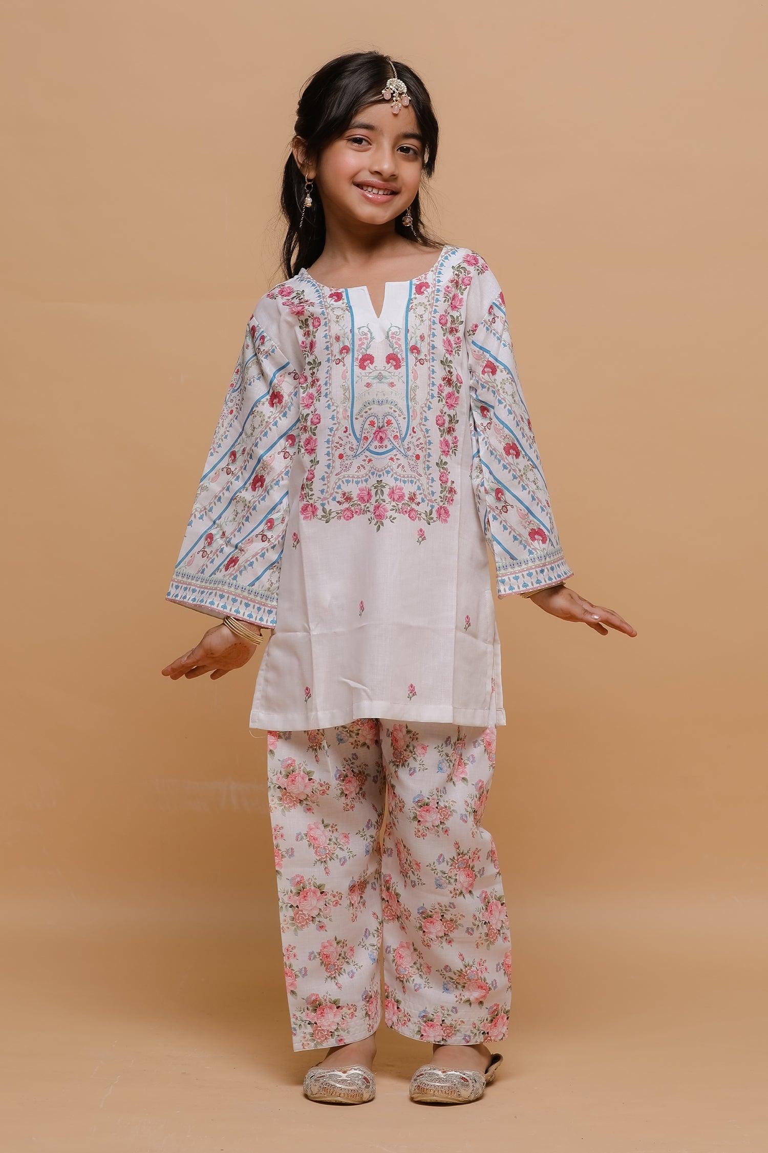 Kids White Floral Printed Lawn Cotton Co-ord Set