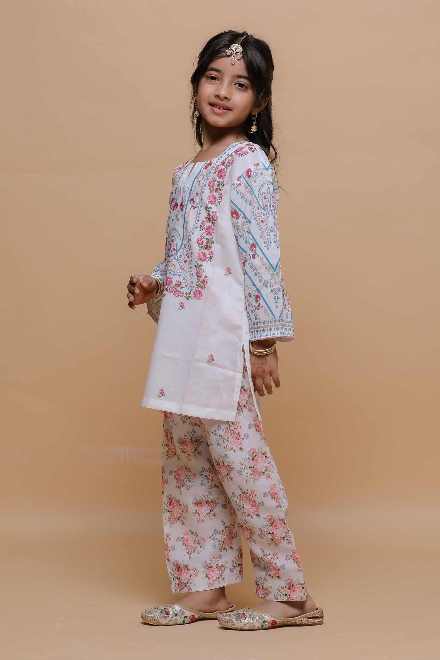 Kids White Floral Printed Lawn Cotton Co-ord Set