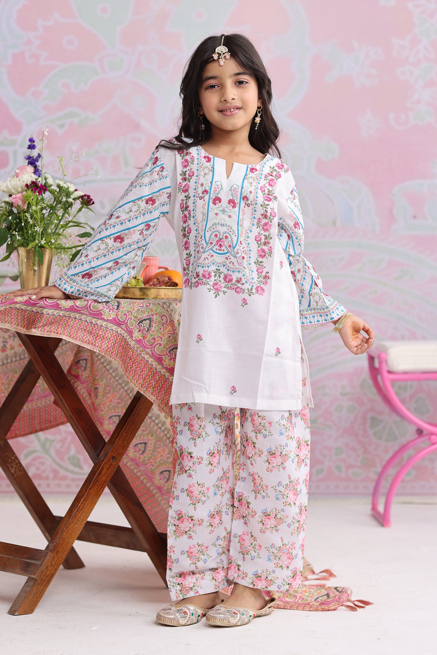 Kids White Floral Printed Lawn Cotton Co-ord Set