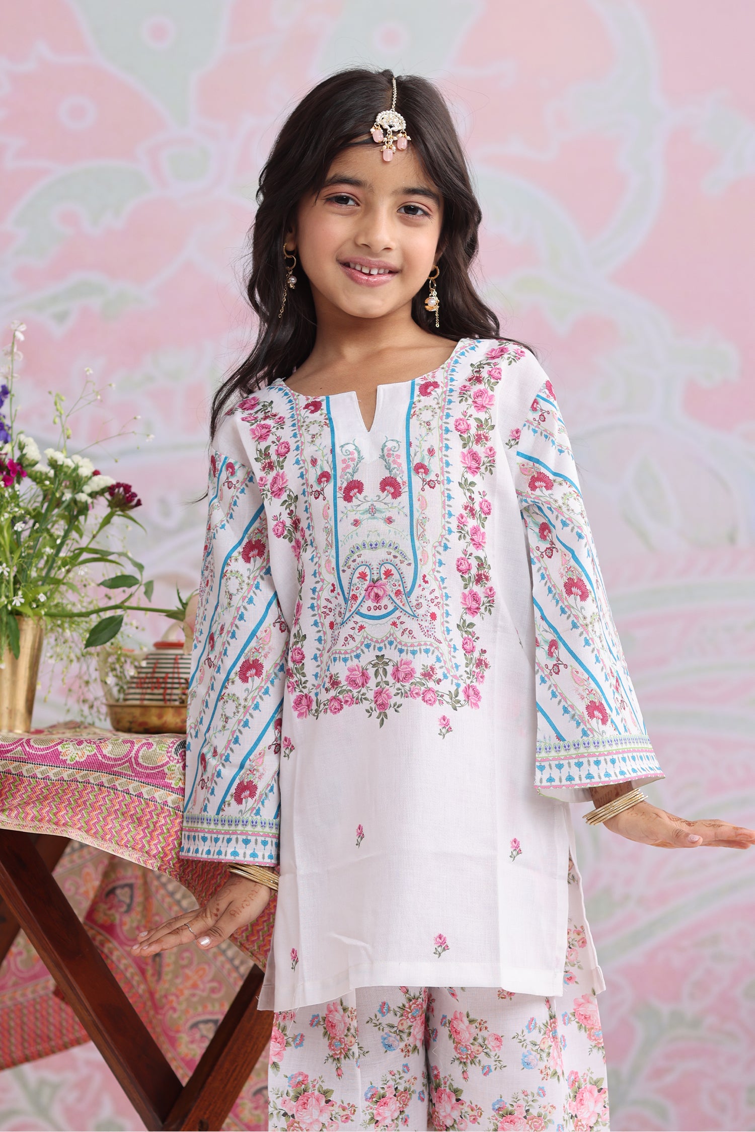 Kids White Floral Printed Lawn Cotton Co-ord Set
