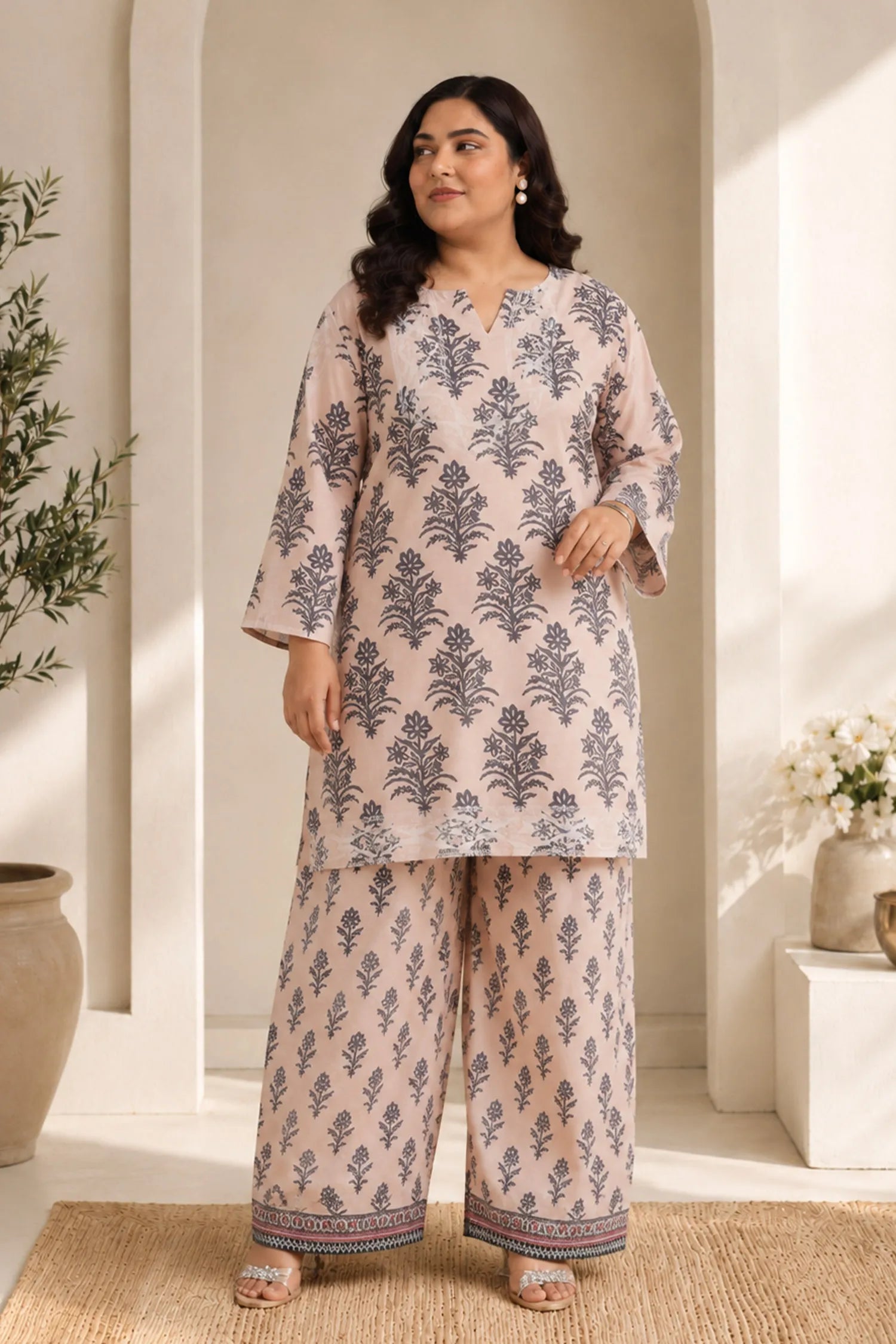 Plus Size - Lawn Cotton Co-ord Set - Beige with Navy Floral Print with Farsi Pant