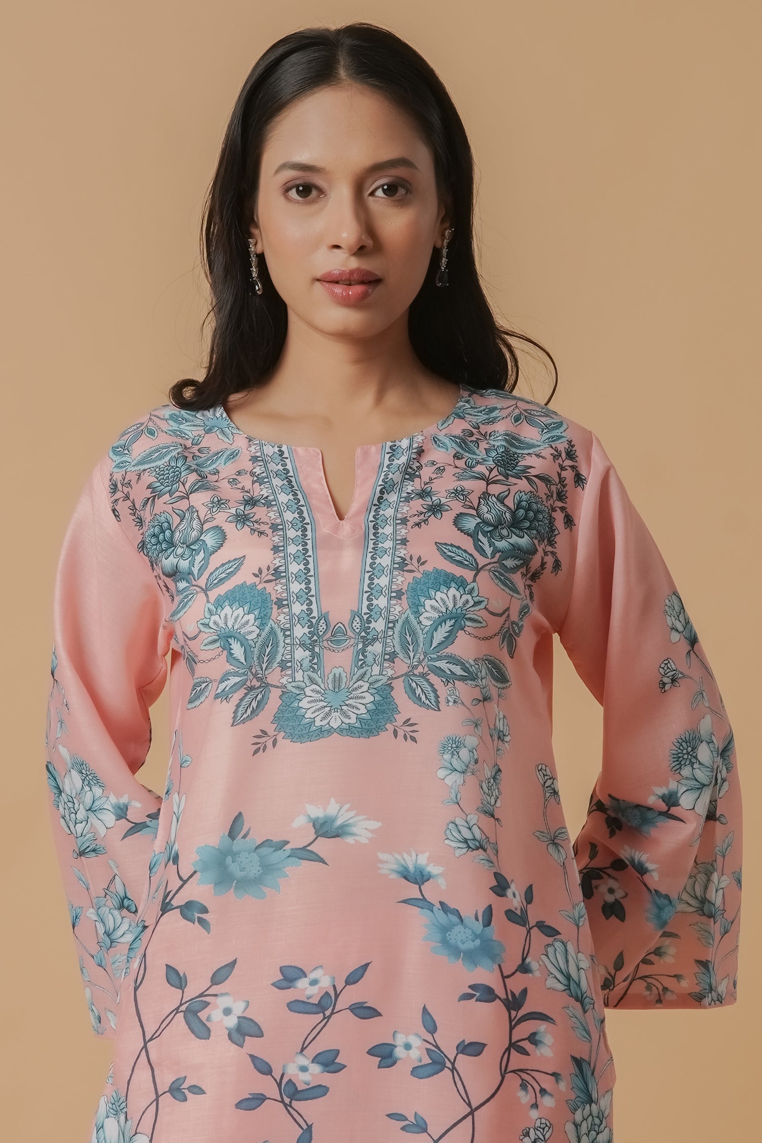 Lawn Cotton Co-ord Set - Peach with Blue Floral Print With Straight pant