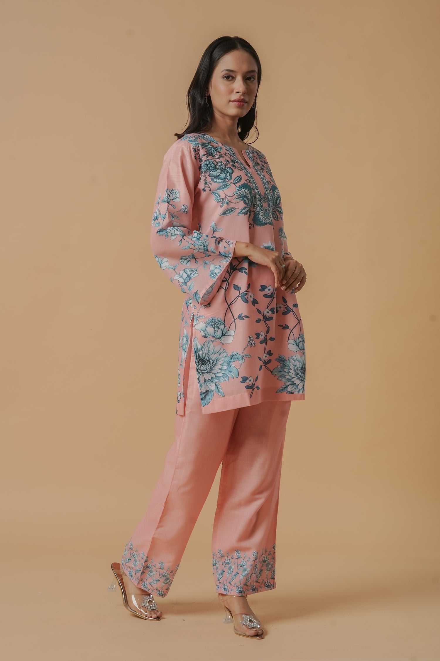 Lawn Cotton Co-ord Set - Peach with Blue Floral Print With Straight pant