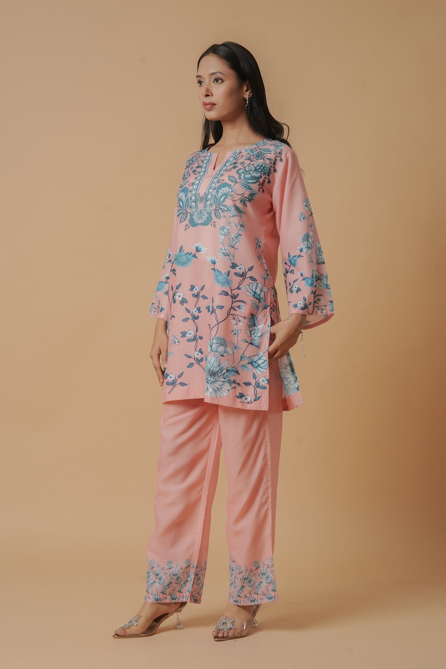 Lawn Cotton Co-ord Set - Peach with Blue Floral Print With Straight pant