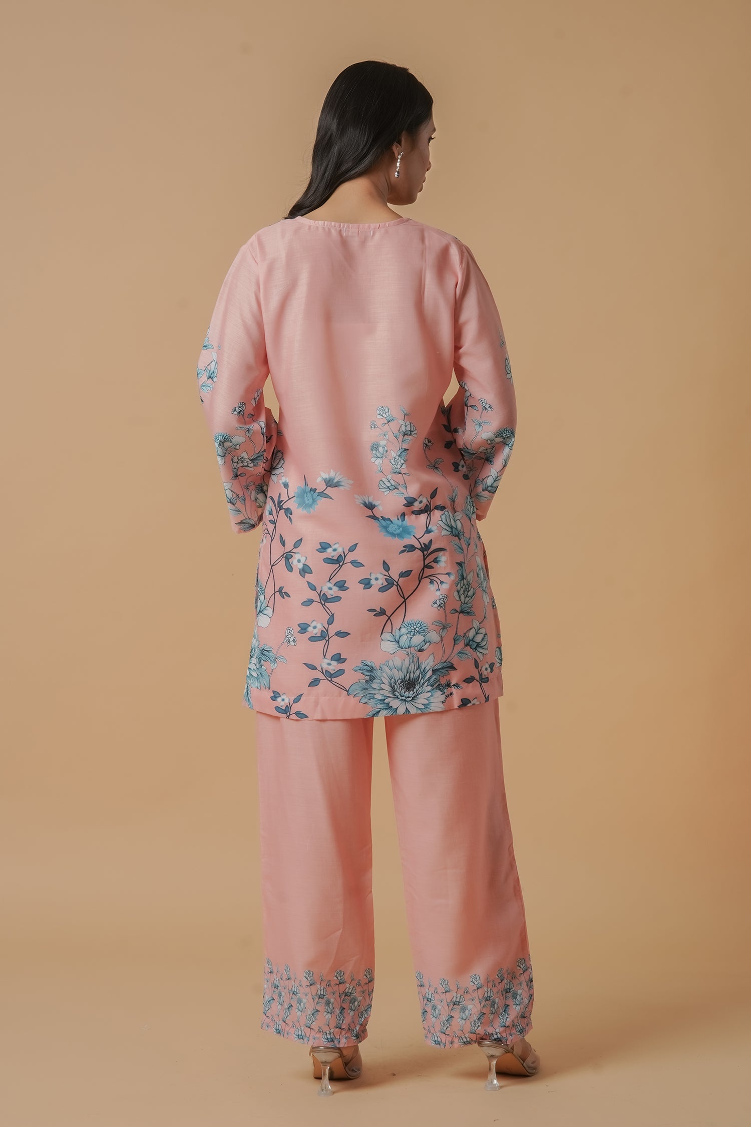 Lawn Cotton Co-ord Set - Peach with Blue Floral Print With Straight pant