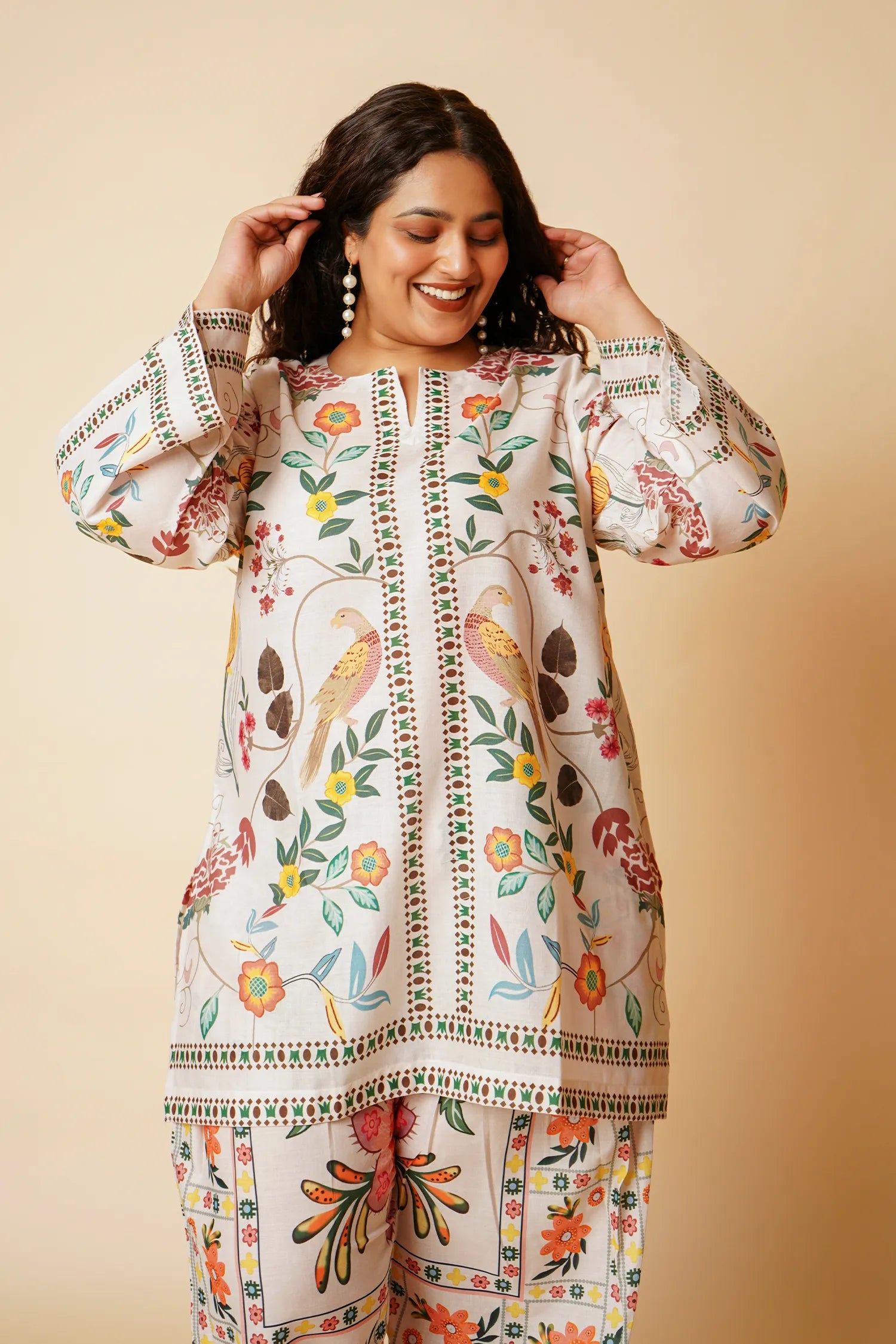 Plus Size - Lawn Cotton Co-ord Set - Off White with Bird and Floral Print with Farsi Pant