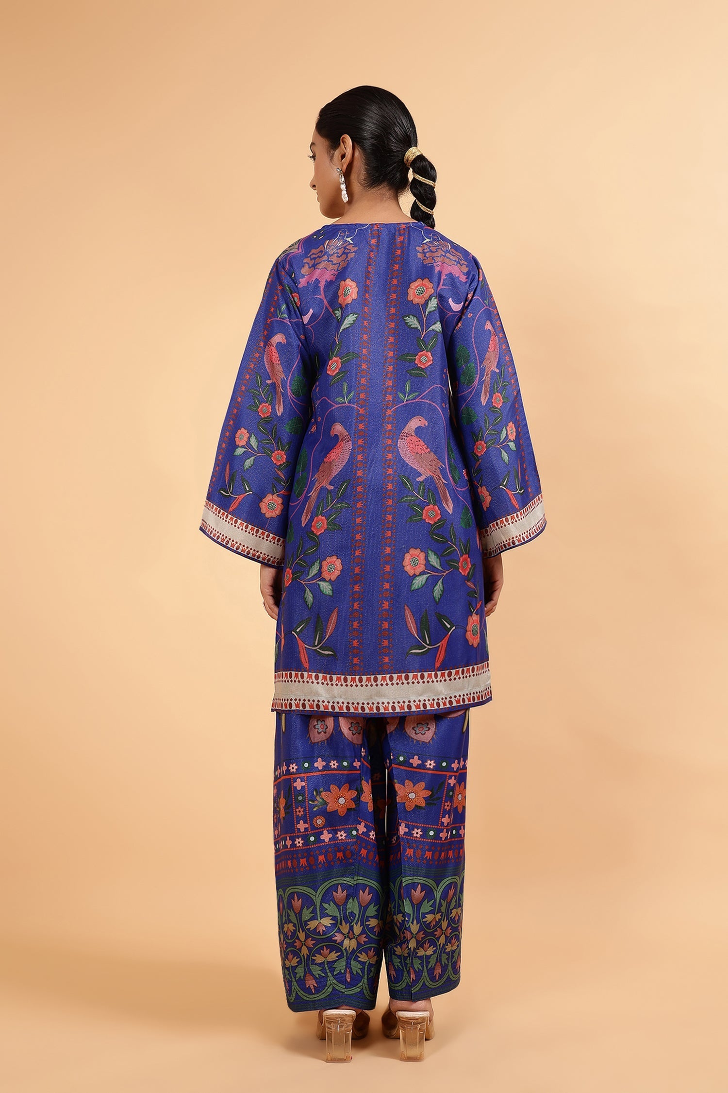 Lawn Cotton Shimmer Printed Cord Set with Bird & Floral Print - Royal Blue