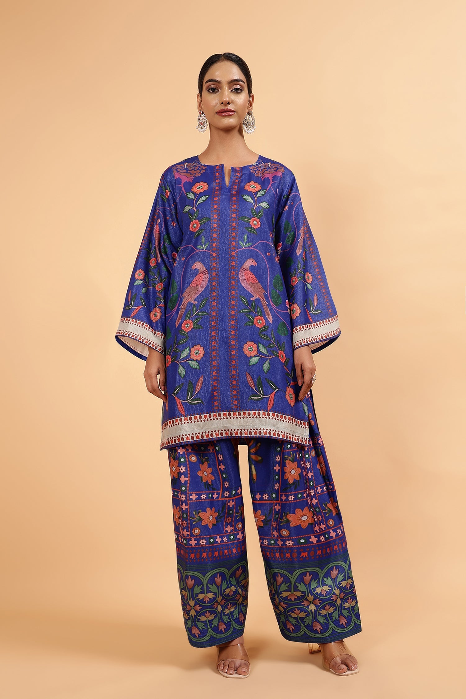 Lawn Cotton Shimmer Printed Cord Set with Bird & Floral Print - Royal Blue