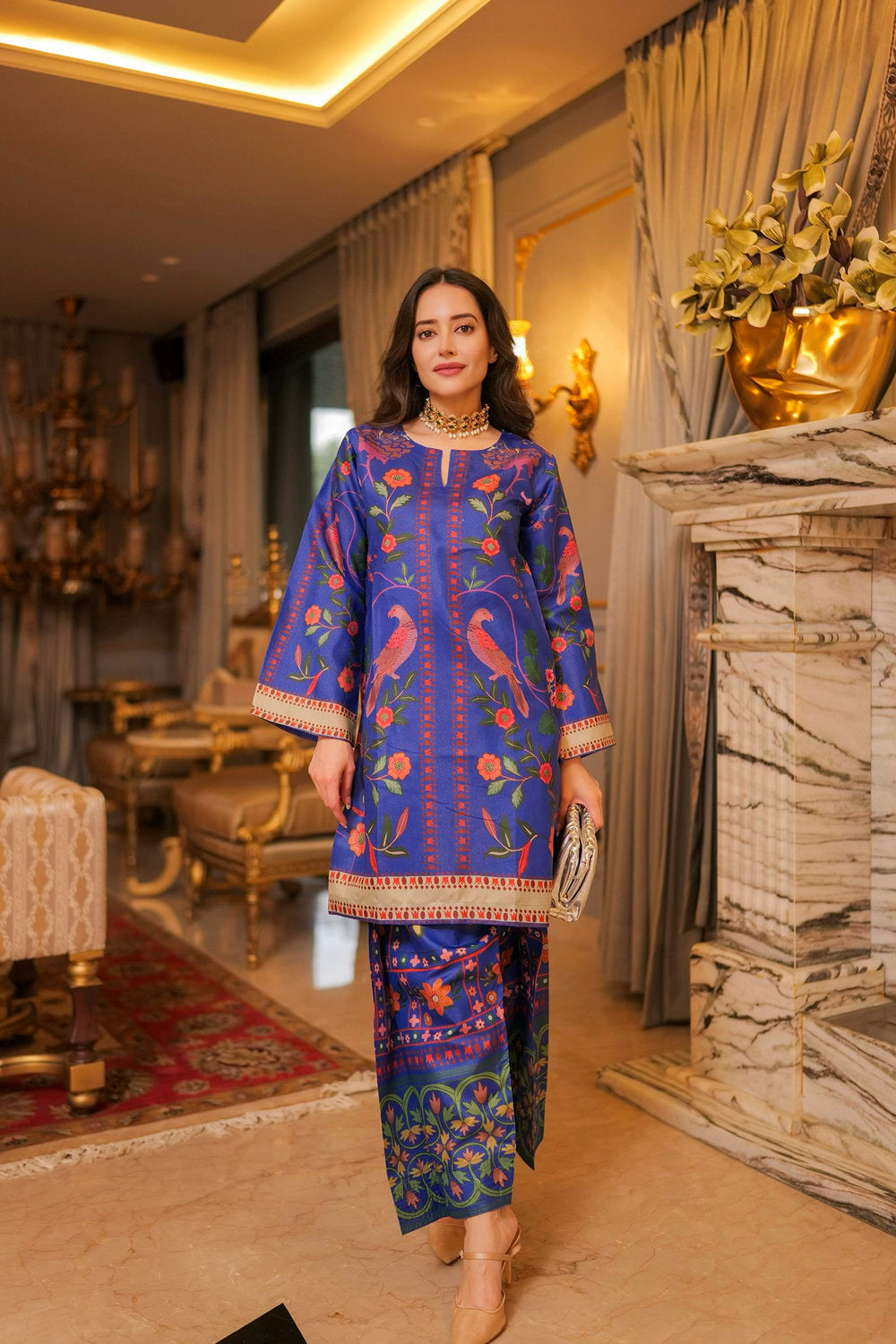 Komal X HOK Lawn Cotton Shimmer Printed Cord Set with Bird & Floral Print - Royal Blue