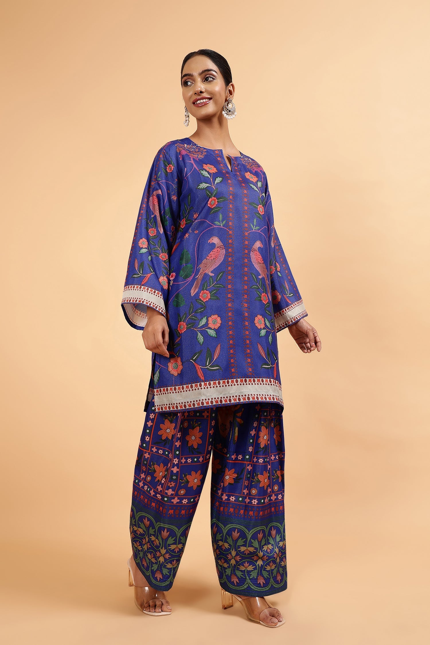 Lawn Cotton Shimmer Printed Cord Set with Bird & Floral Print - Royal Blue