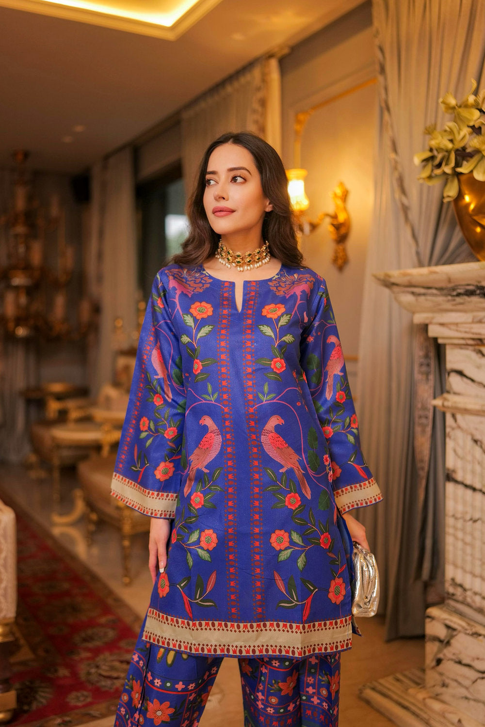 Komal X HOK Lawn Cotton Shimmer Printed Cord Set with Bird & Floral Print - Royal Blue