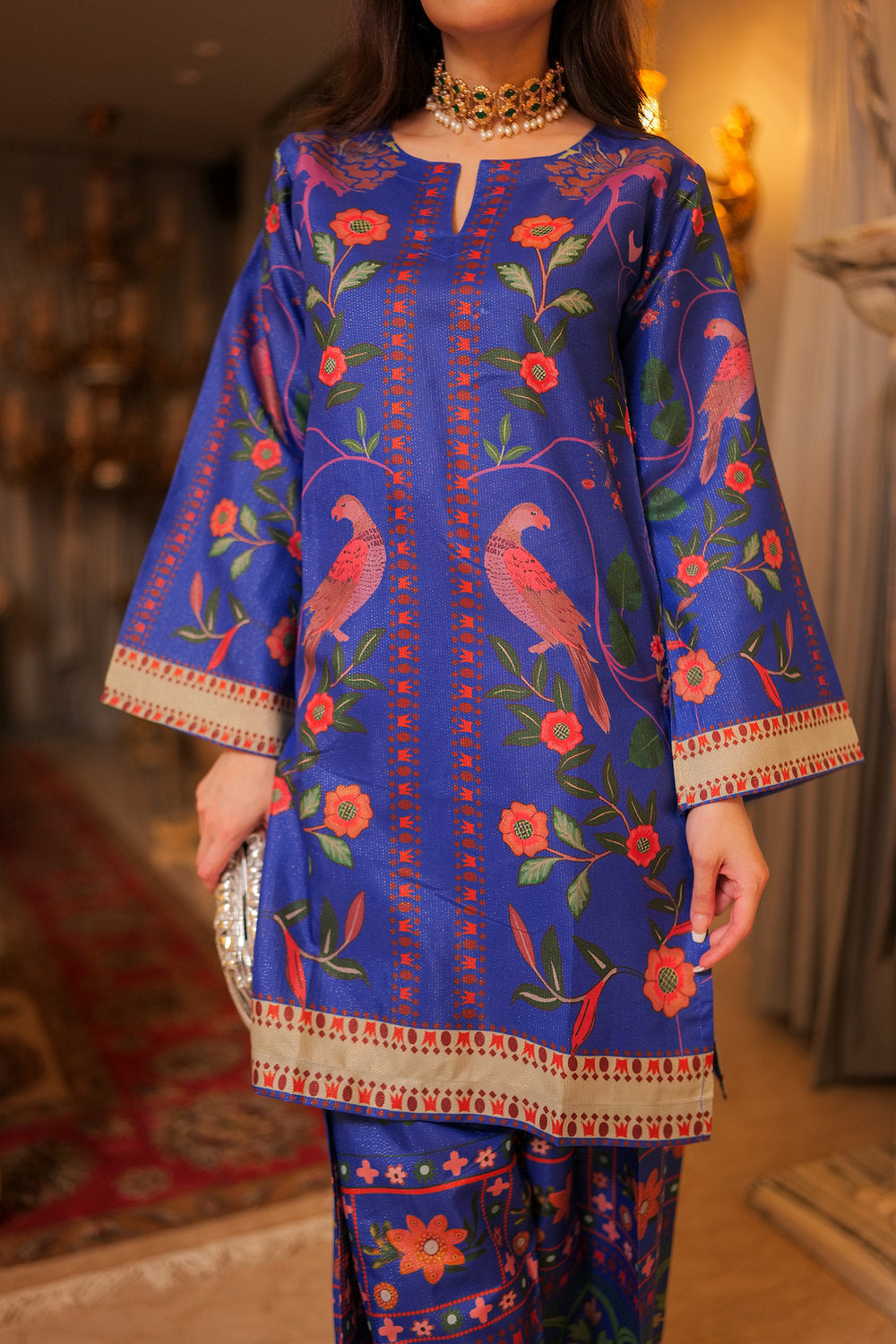 Komal X HOK Lawn Cotton Shimmer Printed Cord Set with Bird & Floral Print - Royal Blue