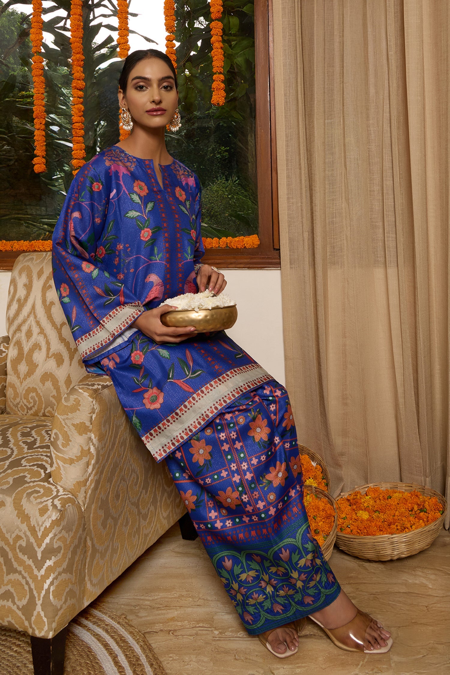 Lawn Cotton Shimmer Printed Cord Set with Bird & Floral Print - Royal Blue