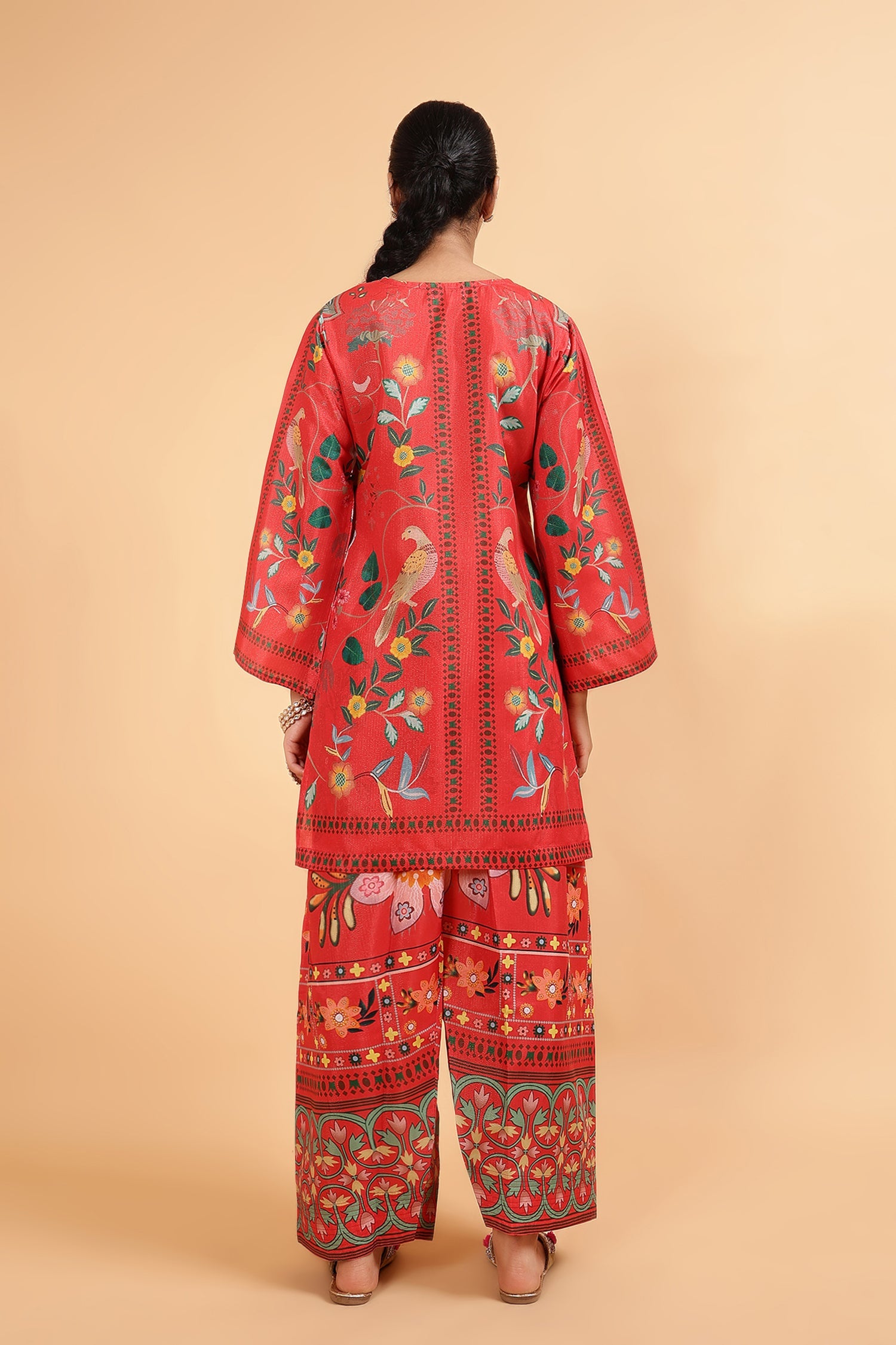 Lawn Cotton Shimmer Printed Cord Set with Bird & Floral Print - Red