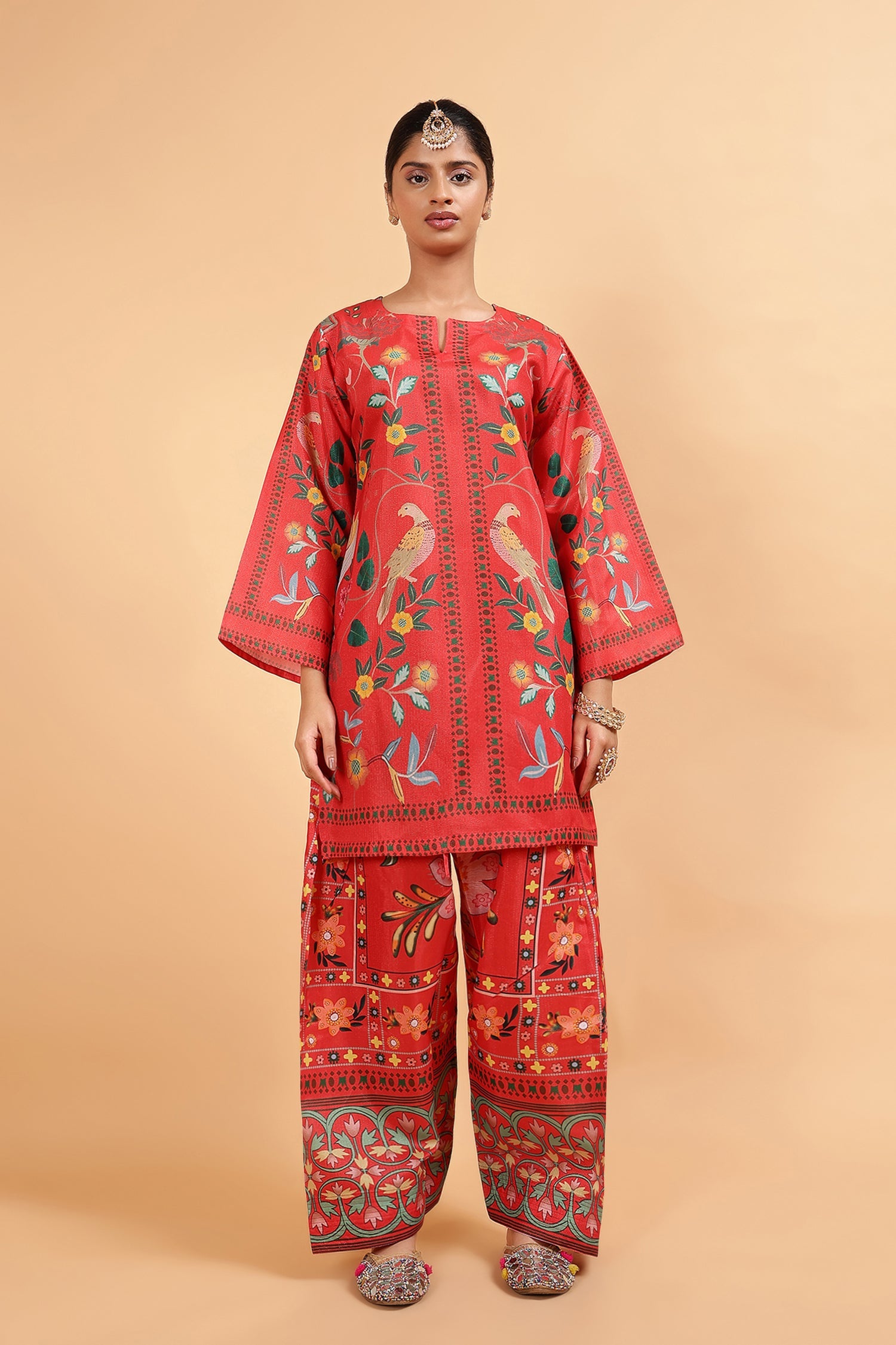 Lawn Cotton Shimmer Printed Cord Set with Bird & Floral Print - Red