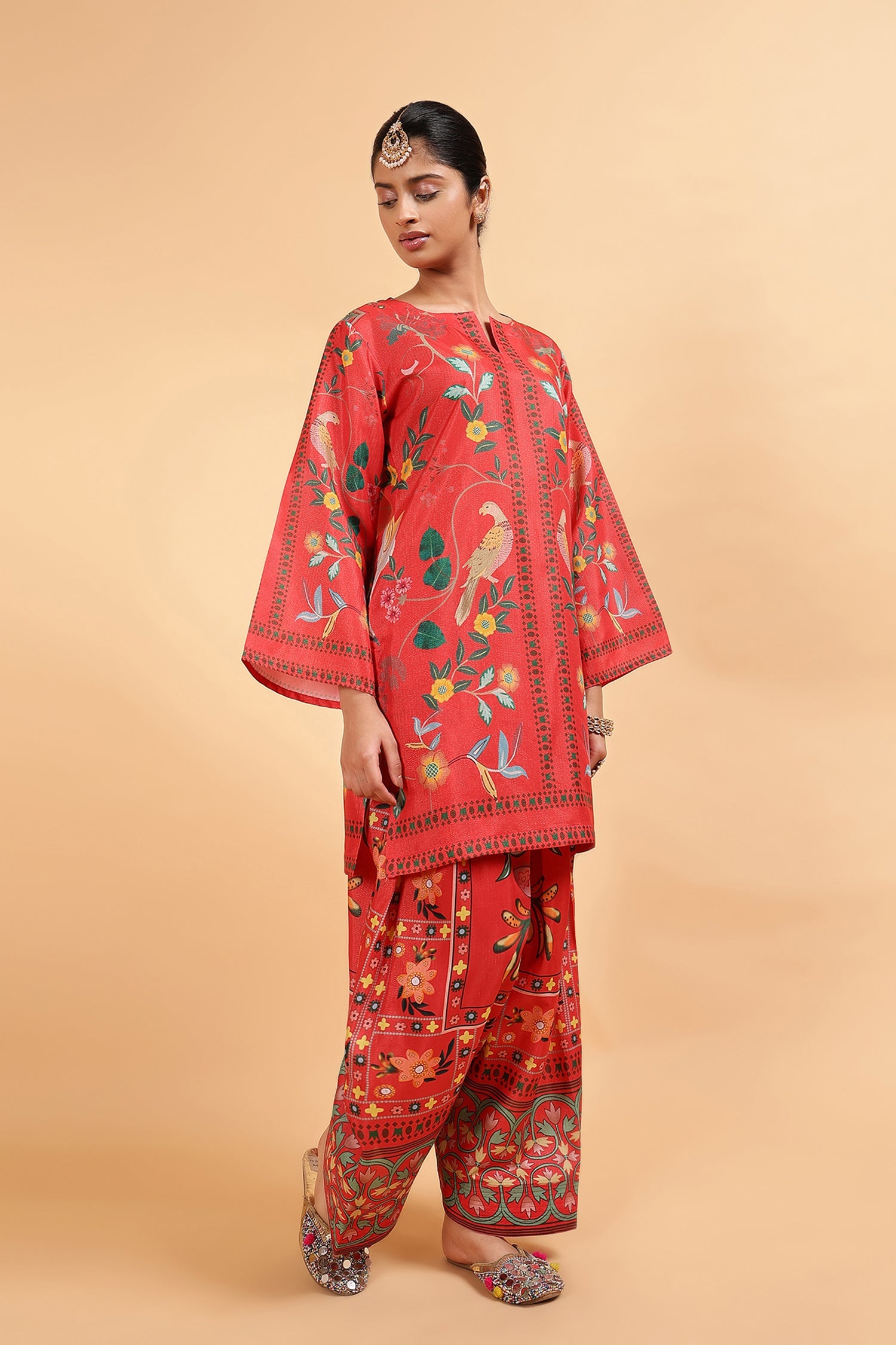 Lawn Cotton Shimmer Printed Cord Set with Bird & Floral Print - Red