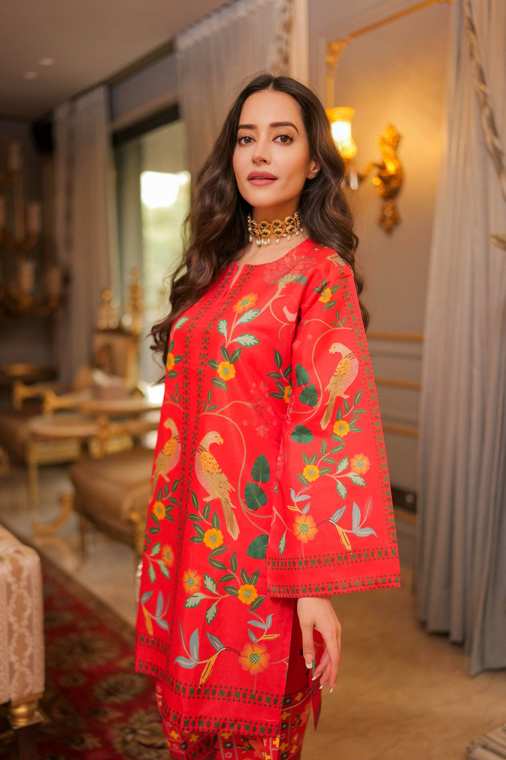 Komal X HOK Lawn Cotton Shimmer Printed Cord Set with Bird & Floral Print - Red