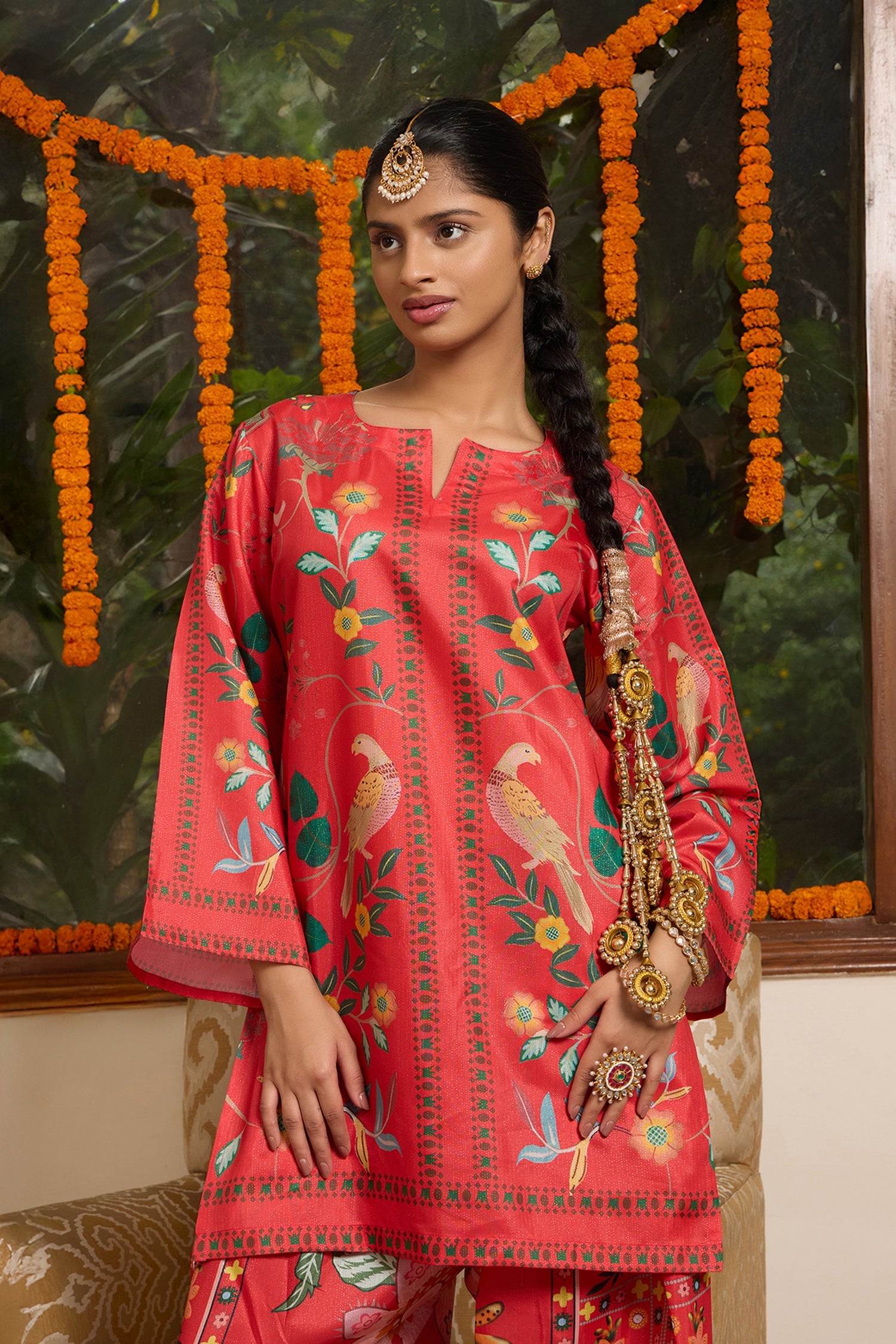 Lawn Cotton Shimmer Printed Cord Set with Bird & Floral Print - Red