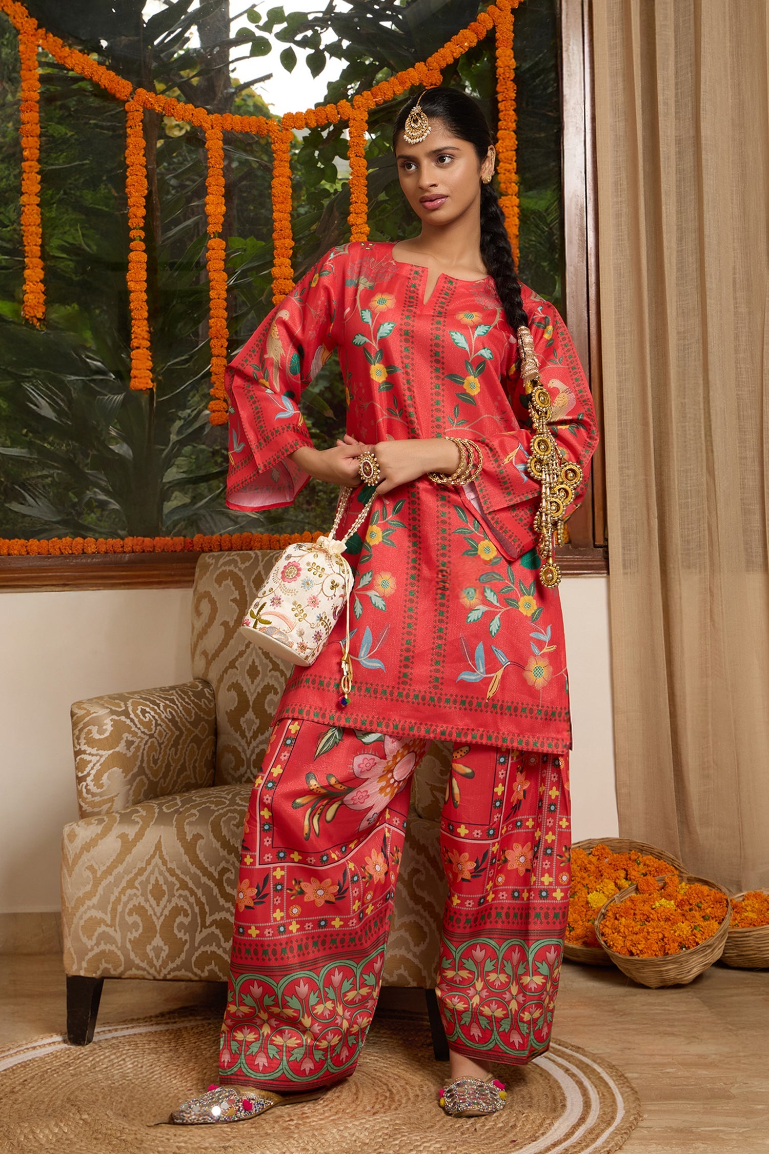 Lawn Cotton Shimmer Printed Cord Set with Bird & Floral Print - Red