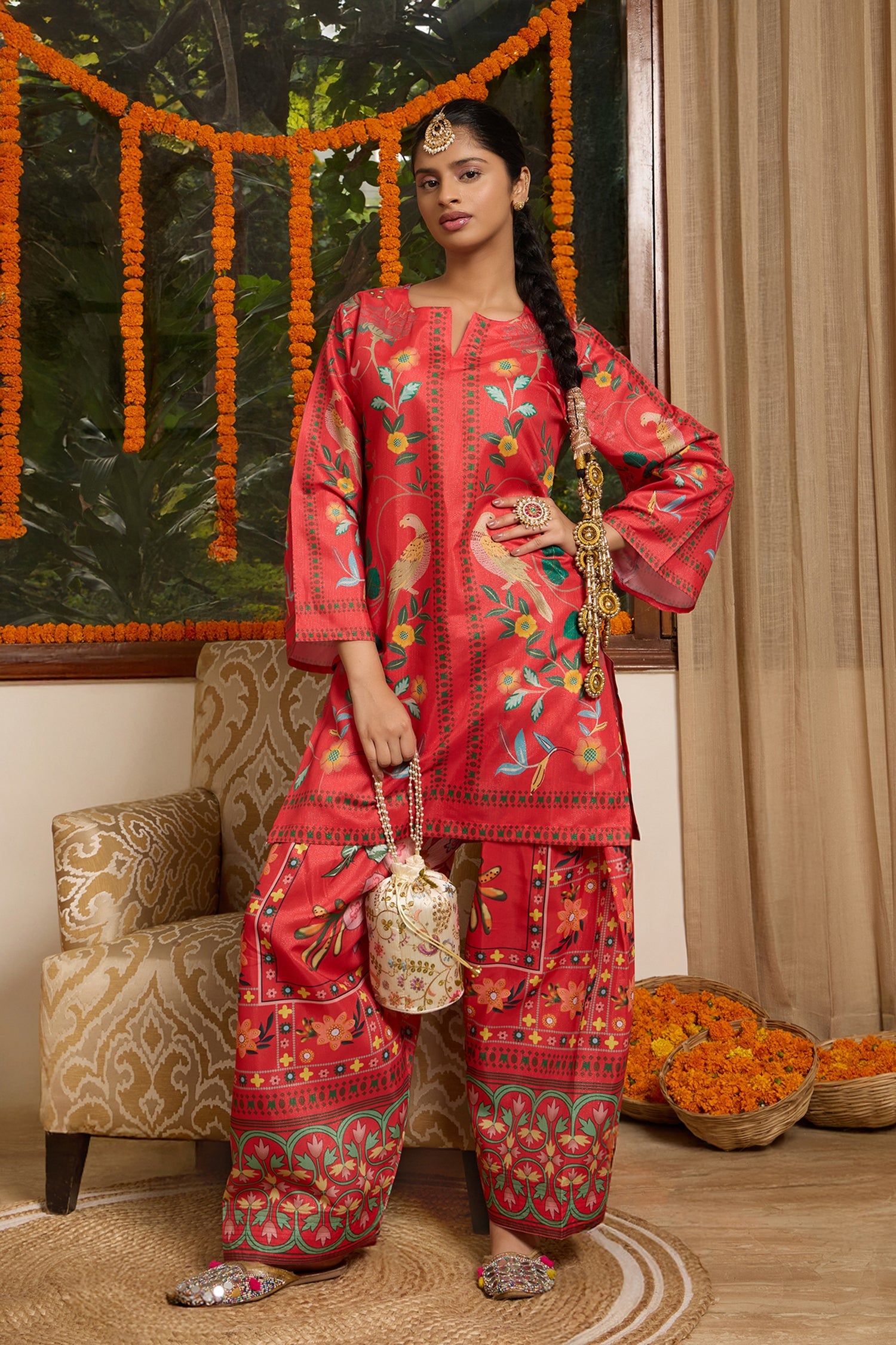 Lawn Cotton Shimmer Printed Cord Set with Bird & Floral Print - Red