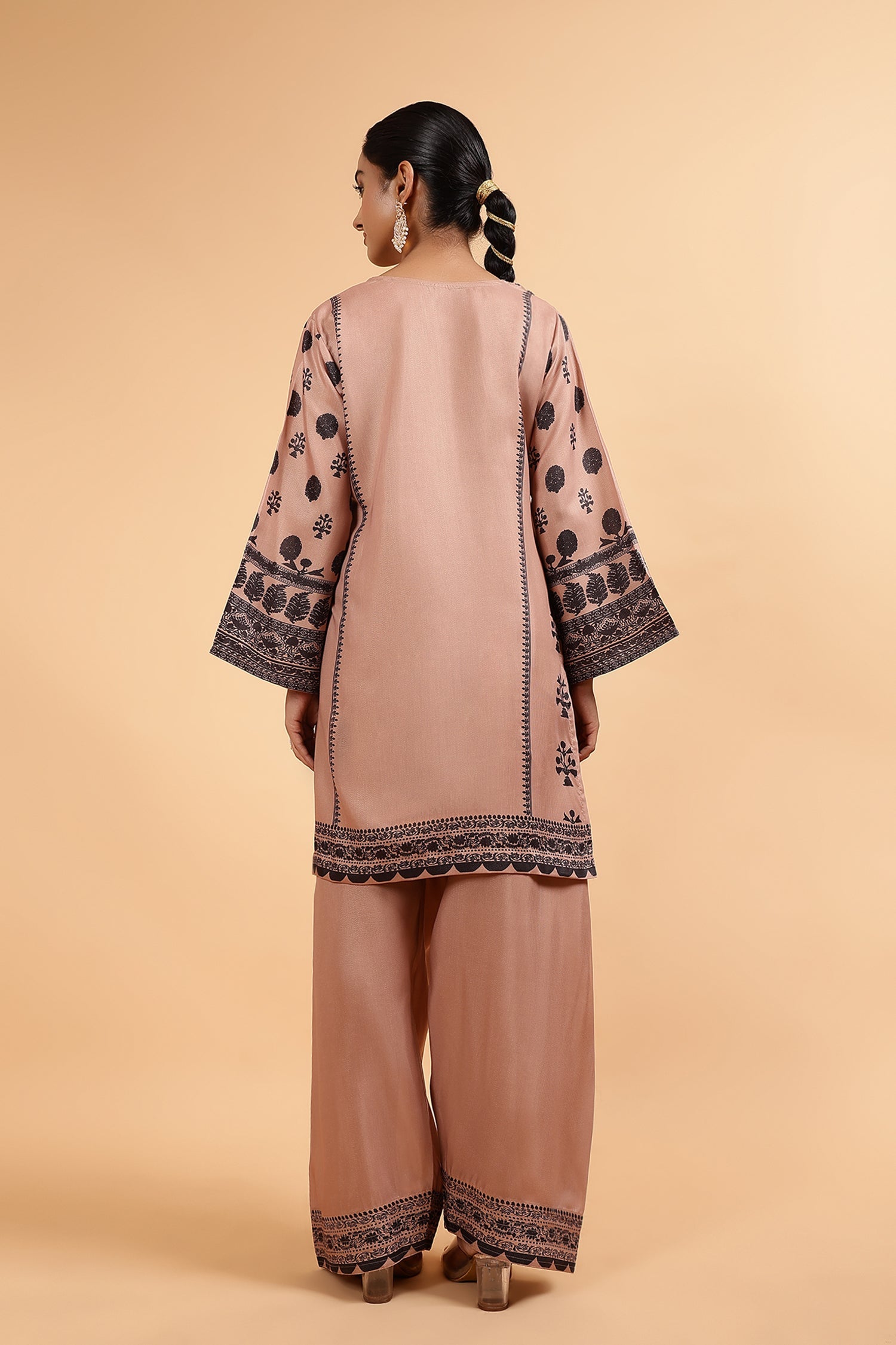 Lawn Cotton Shimmer Printed Cord Set with Black Motif Print & Farsi Bottom - Beige